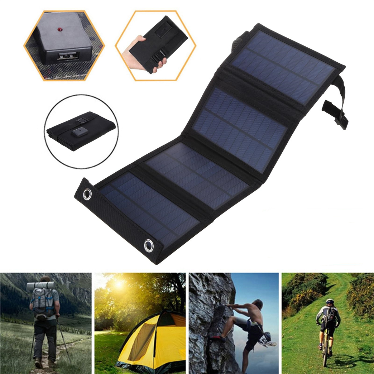 Faltbares Solarpanel-Set mit mehreren Paneelen und einer schwarzen Tasche. Bilder zeigen Outdoor-Aktivitäten und Anwendungen.