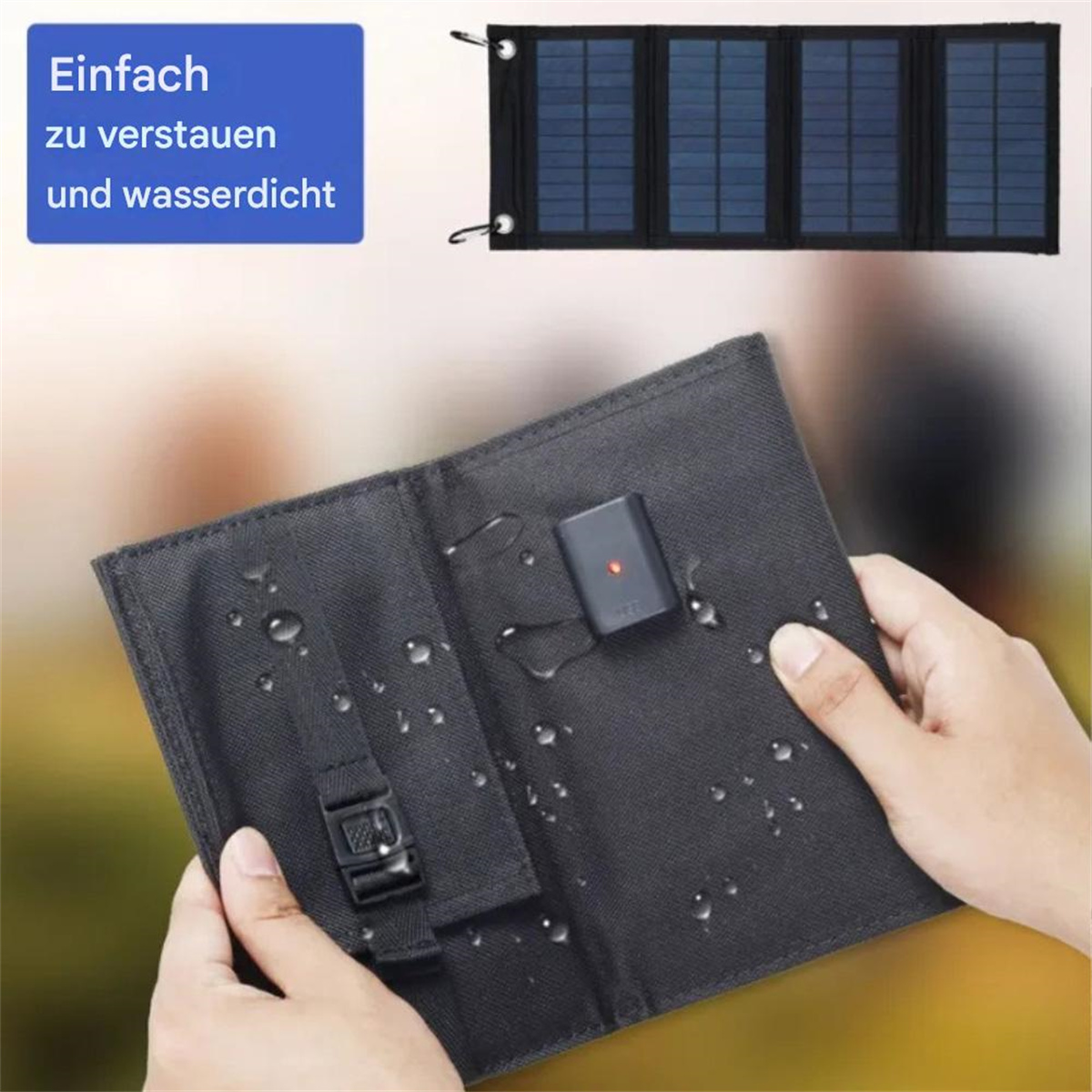 Faltbares Solarpanel mit schwarzem Cover und einem kleinen Ladegerät. Text auf einer blauen Box.