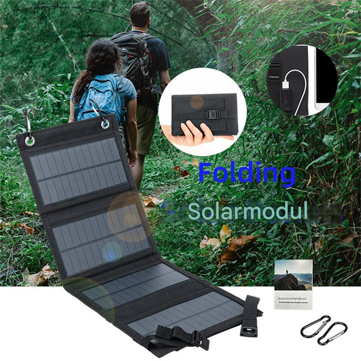 Ein schwarzes, faltbares Solarpanel mit einer Hand, die ein kleines schwarzes Gerät hält, und einem Paar, das im Wald spaziert.