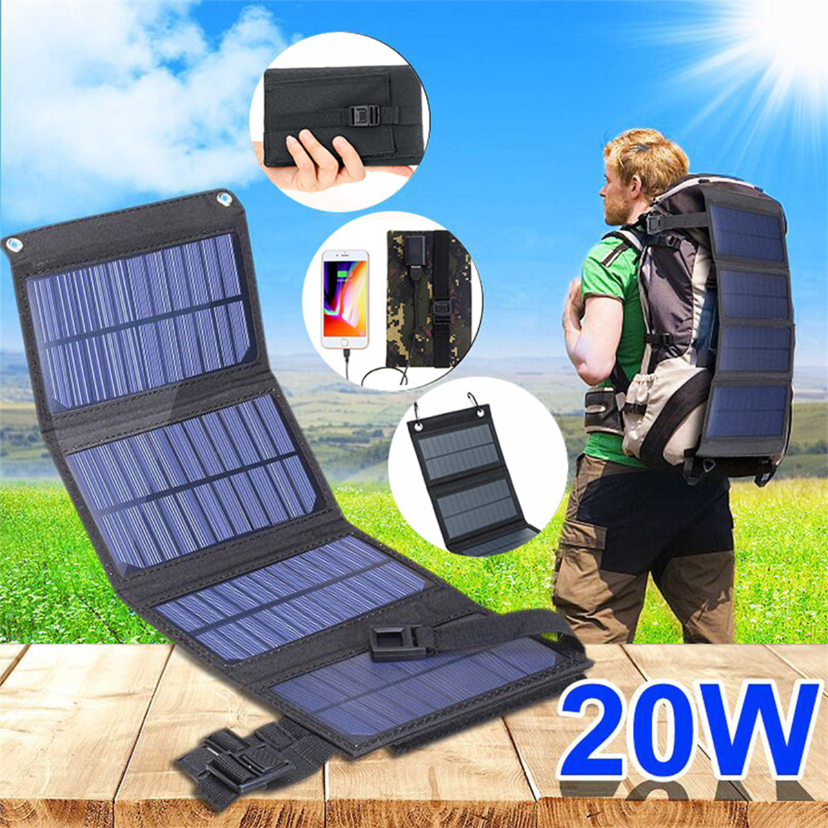 Solarpanel mit Ladung eines Telefons, eine Person mit Rucksack.