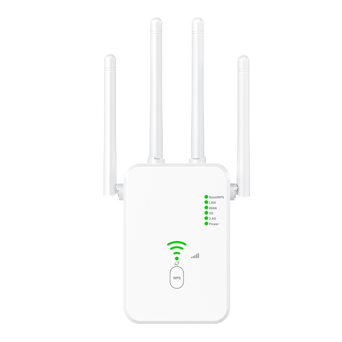 Weißer WLAN-Verstärker mit drei Antennen. Es hat LED-Leuchten und eine WPS-Taste.