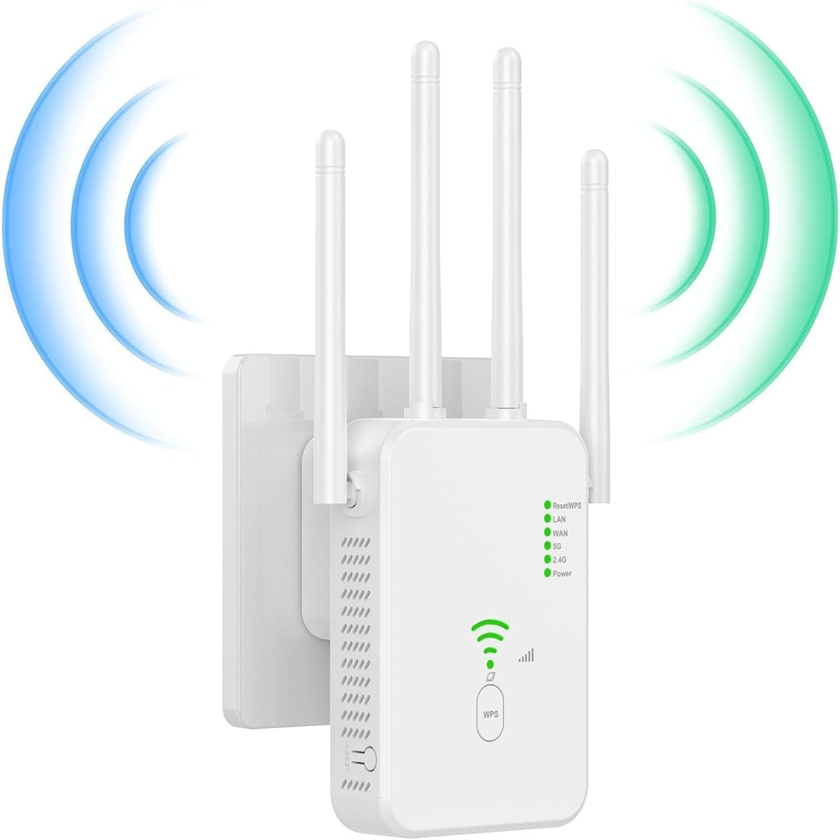 Weißer WLAN-Repeater mit Antennen, in eine Steckdose gesteckt. Signalstärkeanzeigen leuchten.