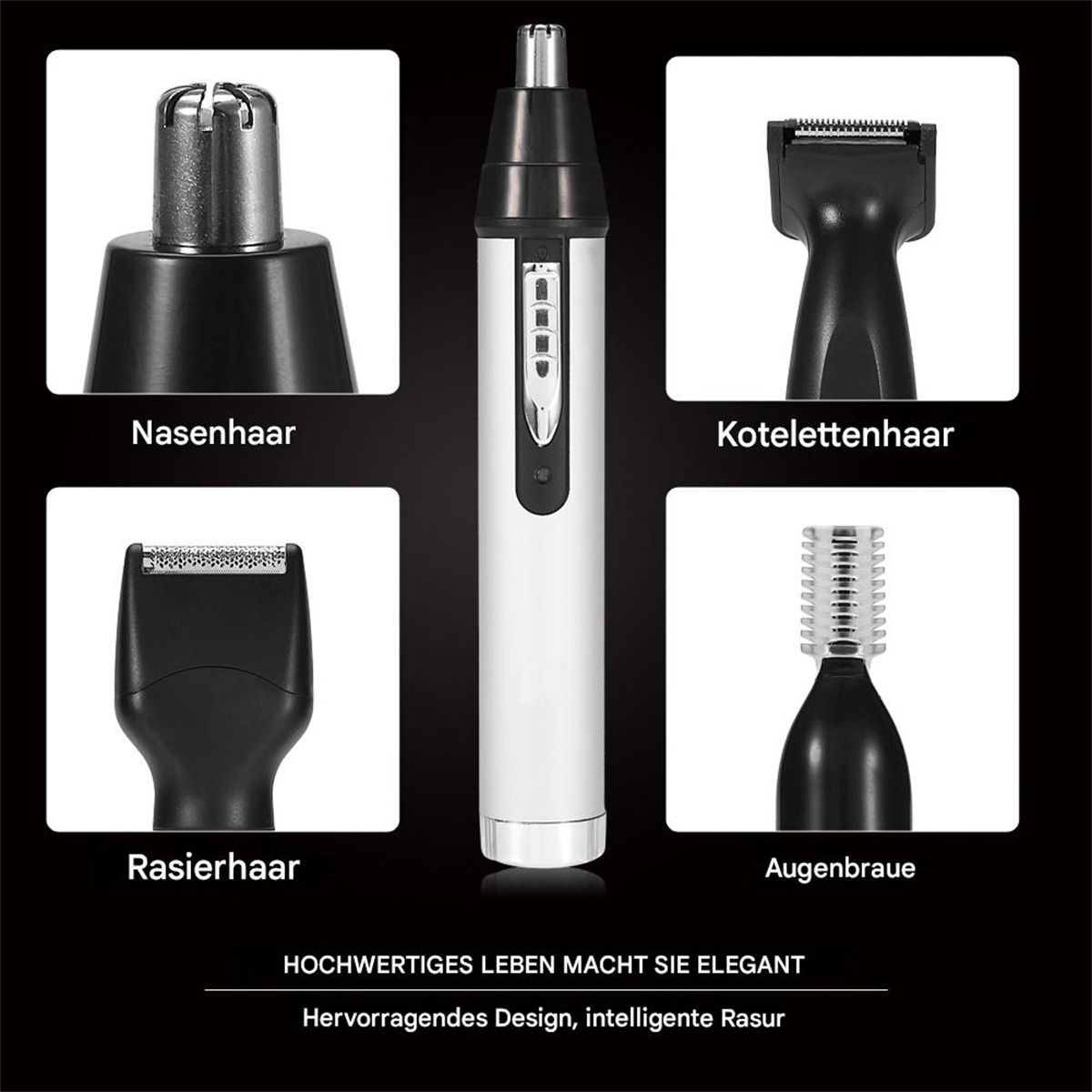 Nahaufnahmen von Aufsätzen für Nasenhaartrimmer: Nase, Koteletten, Bart- und Augenbrauentrimmer.