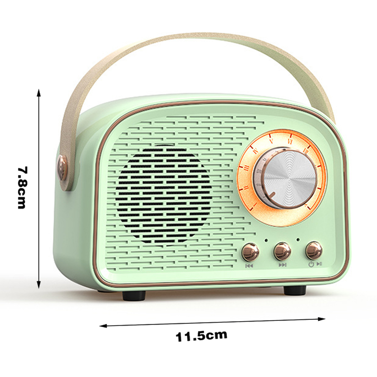 Grünes tragbares Radio mit Griff. Es hat ein Zifferblatt und Knöpfe. Maße sind in cm angegeben.