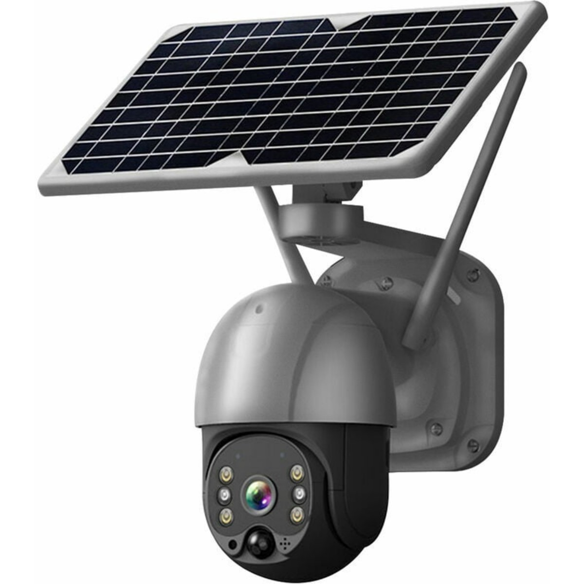 Graue Überwachungskamera mit Solarpanel und Antennen auf weißem Hintergrund.