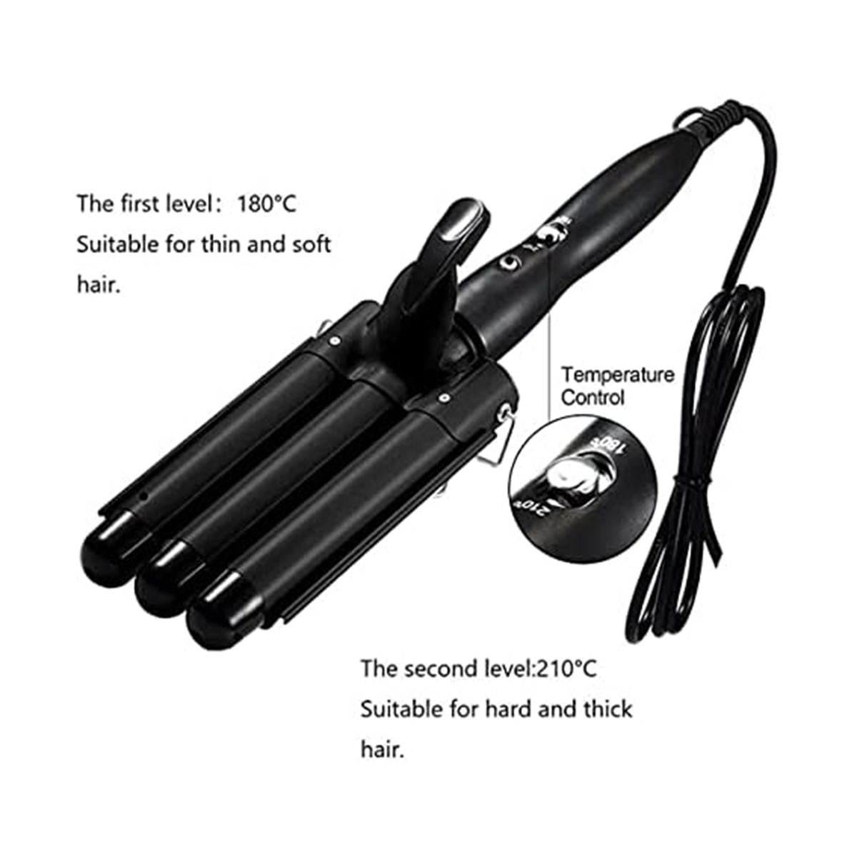 Ein schwarzes Lockenstab mit drei Läufen wird gezeigt. Temperatureinstellungen sind angegeben.