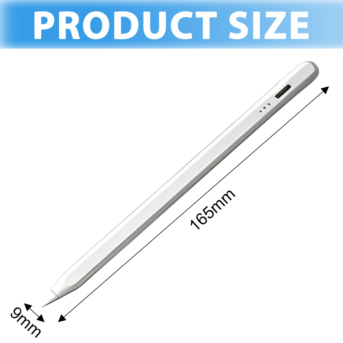 Ein weißer Eingabestift mit den Maßen: 165 mm lang, 9 mm breit, auf weißem Hintergrund.