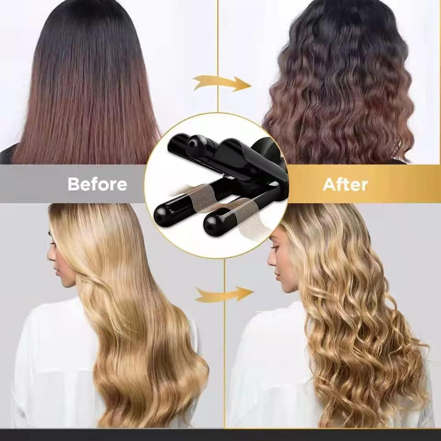 Vorher-Nachher-Bilder des Haare Locken mit einem bestimmten Werkzeug.