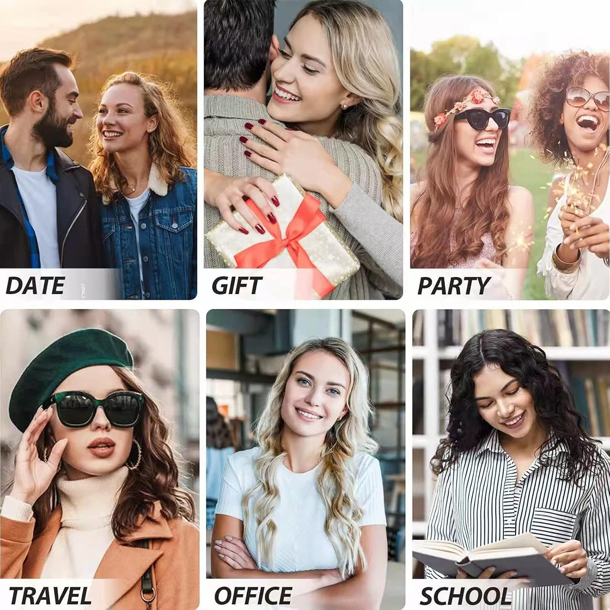 Ein Paar lächelt sich an. Weitere Bilder zeigen Geschenk-, Party-, Reise-, Büro- und Schulszenarien.