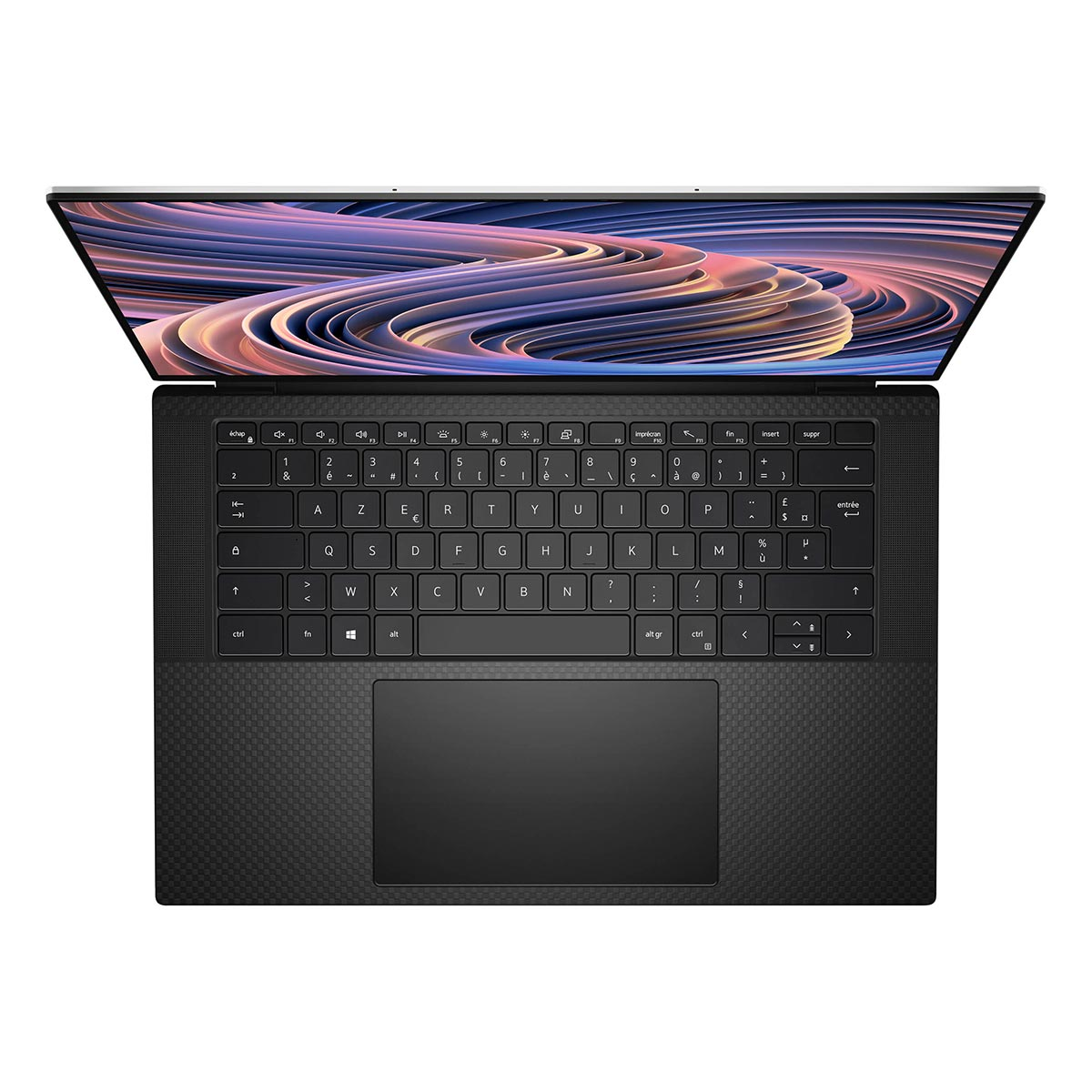 Laptop, widok z góry, otwarty z klawiaturą, panelem dotykowym i wyświetlaczem z fioletowo-białym obrazem.