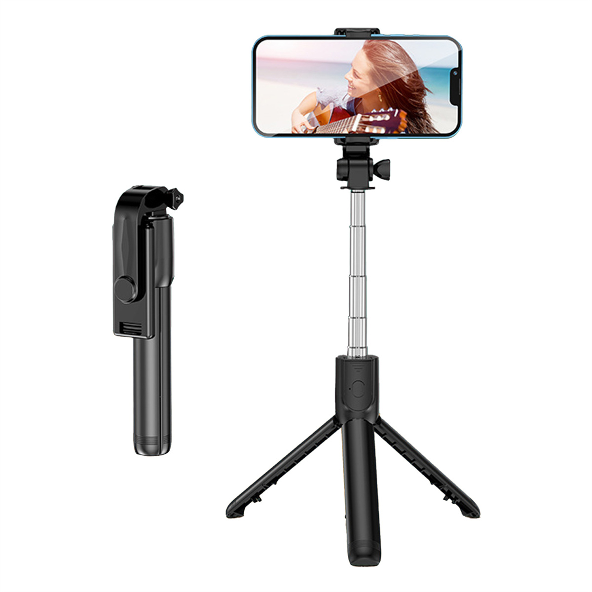 Ein Selfie-Stick und ein Telefon mit einer Gitarre spielenden Frau auf dem Bildschirm.