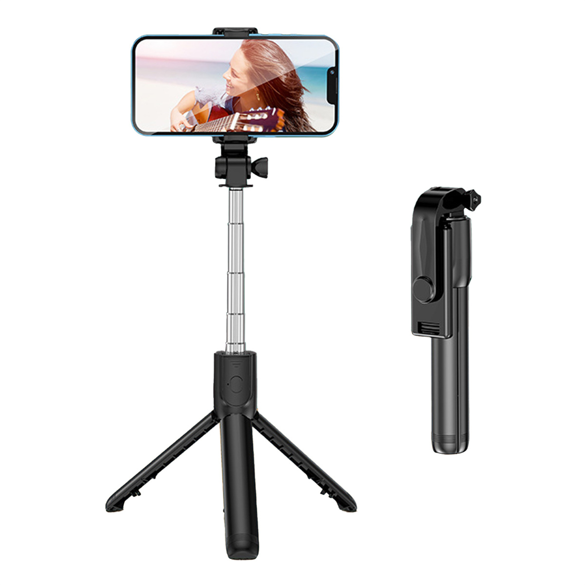 Smartphone auf einem Stativ, Selfie-Stick und separatem Selfie-Stick.