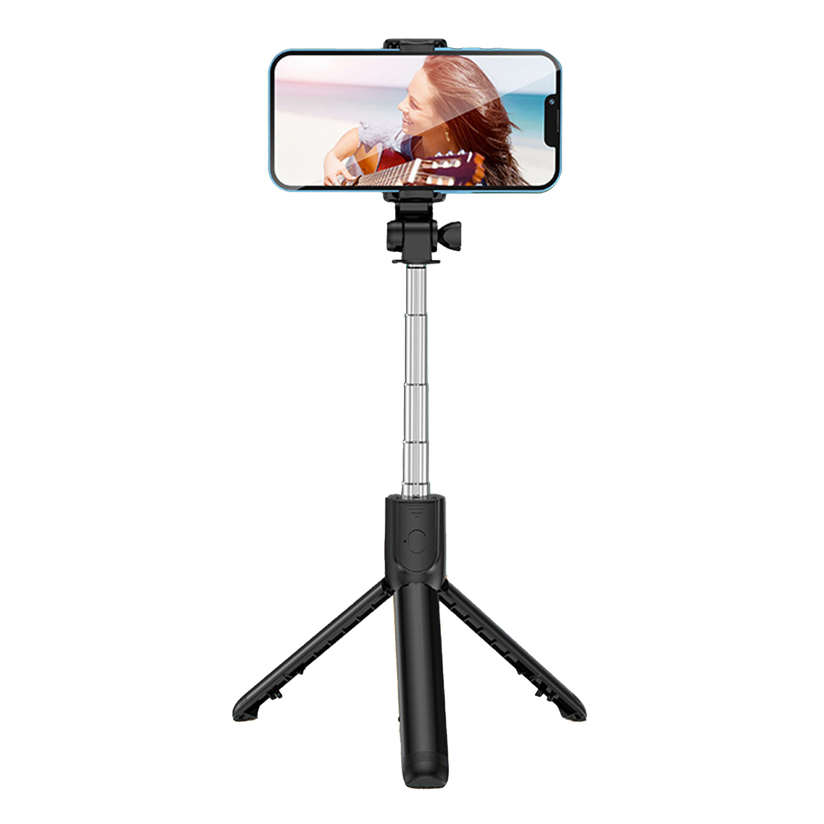 Ein Selfie-Stick, der ein Smartphone mit einer Gitarre spielenden Frau zeigt.