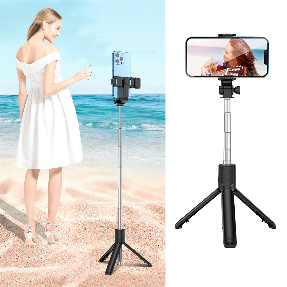 Frau macht ein Foto mit einem Smartphone und einem Selfie-Stick. Strandhintergrund.