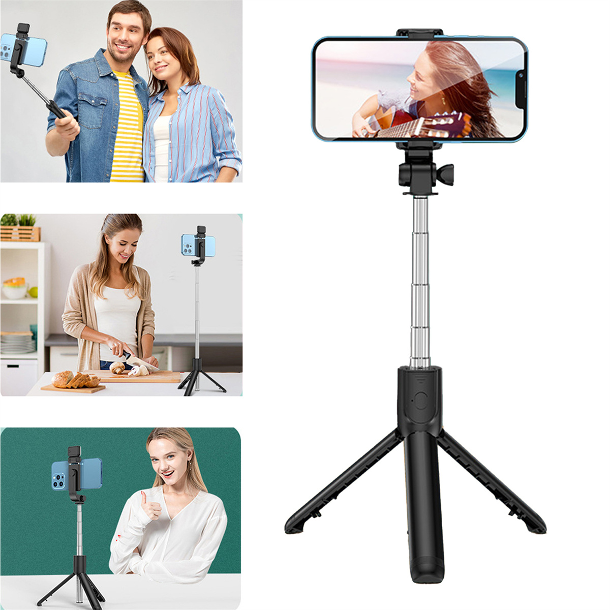 Ein Selfie-Stick, der von Personen benutzt wird. Er ist schwarz und hat ein Telefon daran befestigt.