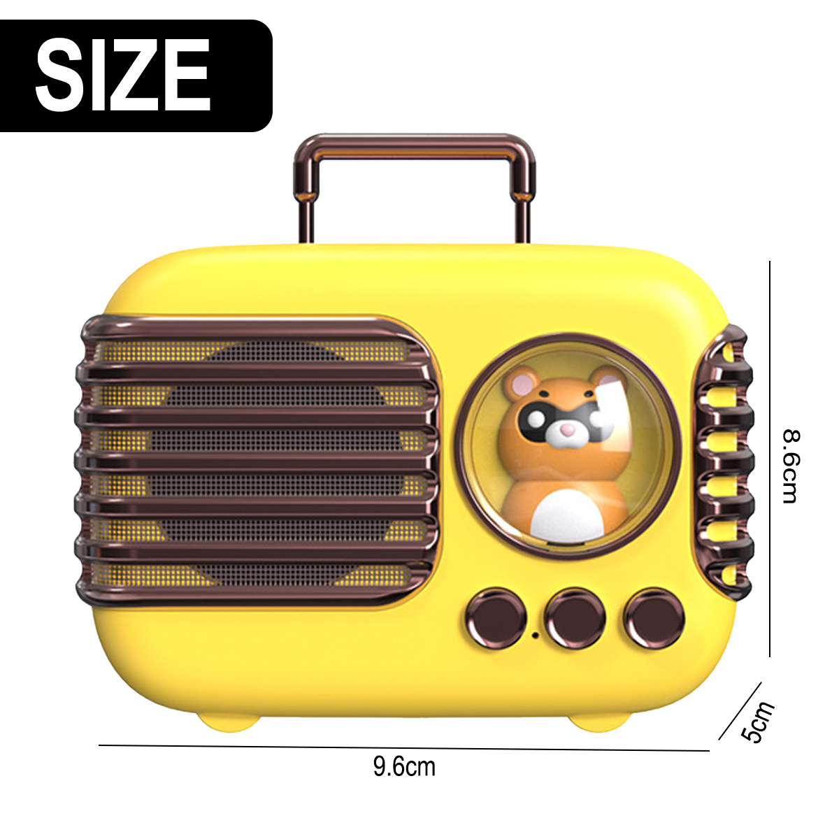Gelbes Retro-Radio-Spielzeug mit Hamster im Fenster und Größenangaben.