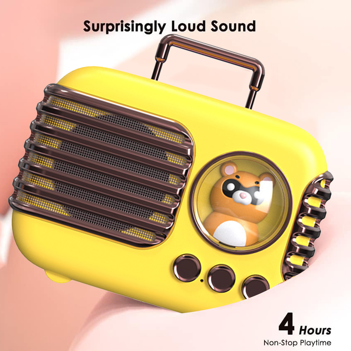 Gelbes Radio im Retro-Stil mit einem Cartoon-Bären. Text lautet: Überraschend lauter Sound, 4 Stunden Spielzeit.