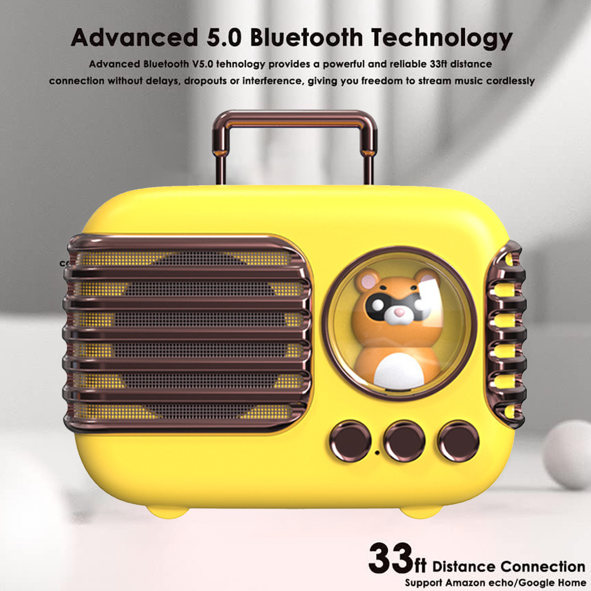 Ein gelber Lautsprecher im Retro-Stil mit Griff, Cartoon-Figur und dem Text '33ft Distance Connection'.