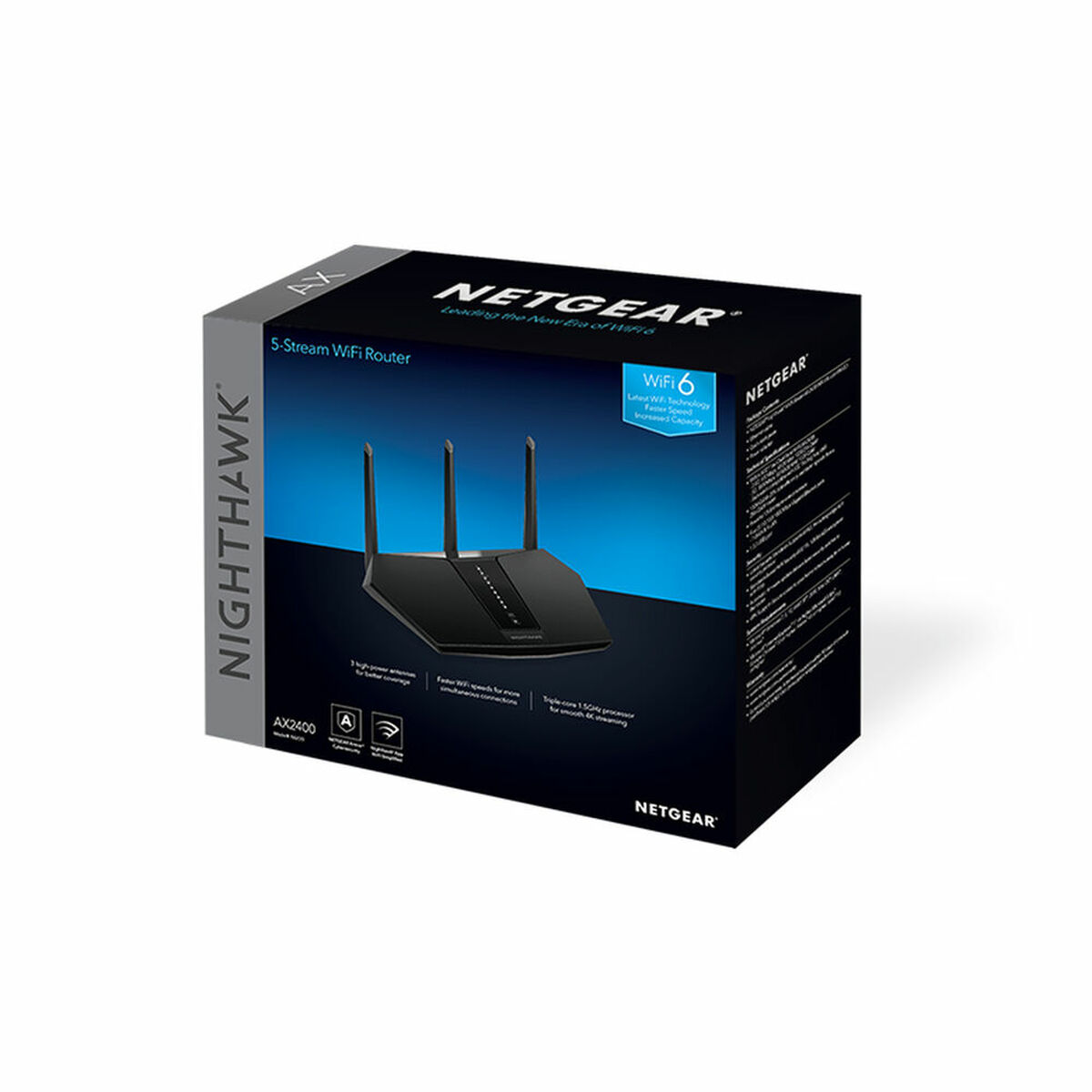 Czarne pudełko routera Netgear z 3 antenami, białe tło.