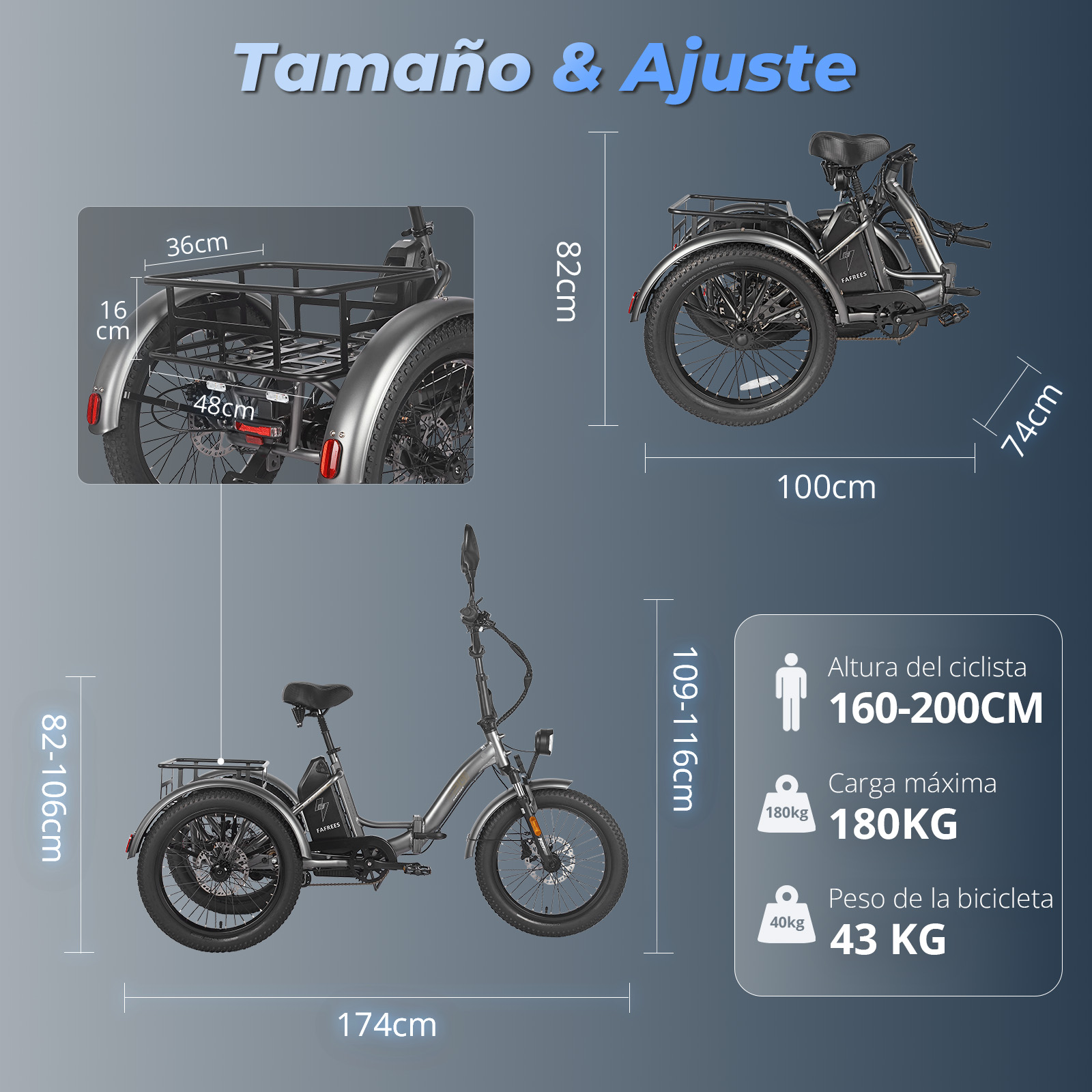 Un triciclo argento e nero con informazioni su dimensioni e peso.