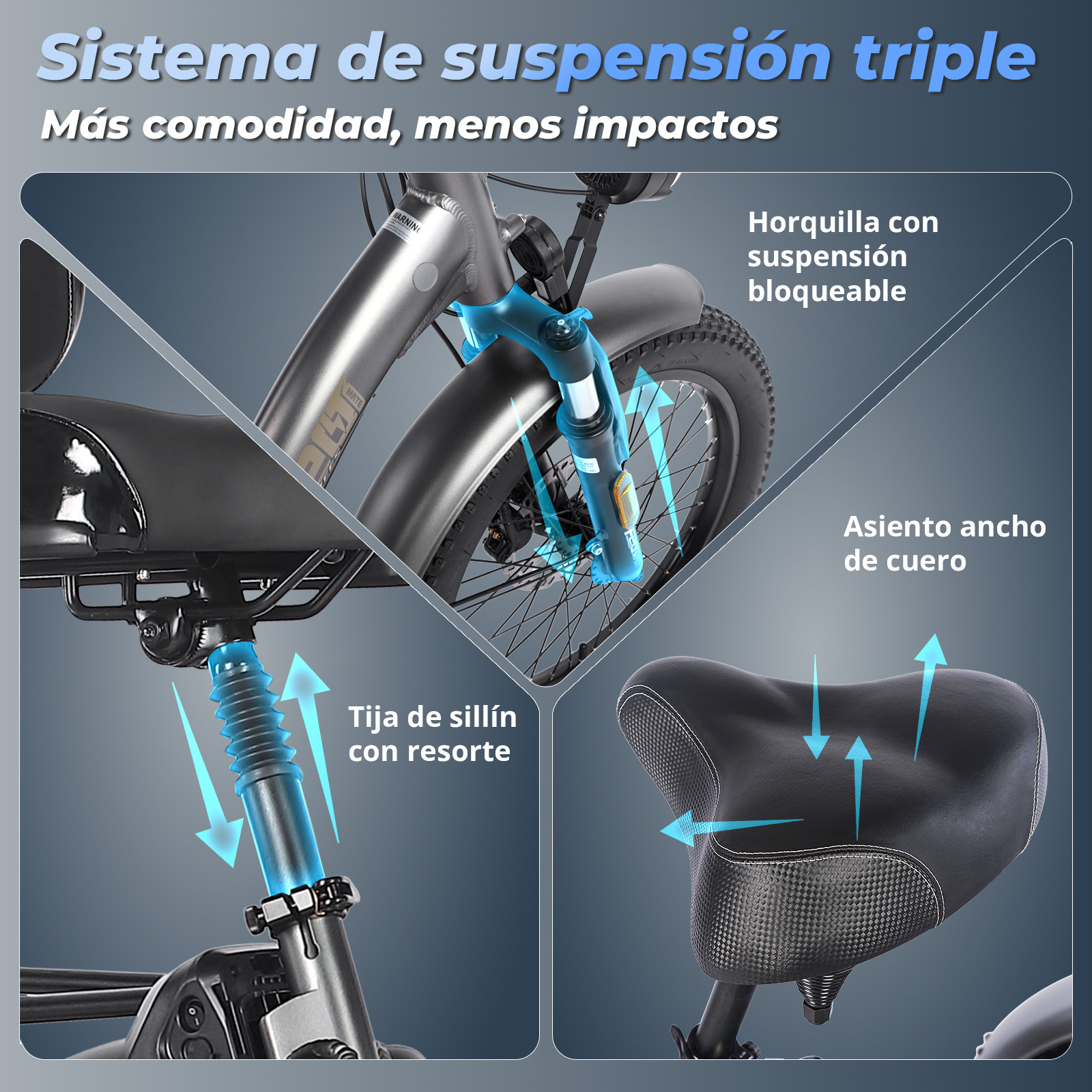 Primo piano di una bici con dettagli delle sospensioni, tra cui la forcella anteriore, il sellino e i componenti a molla.