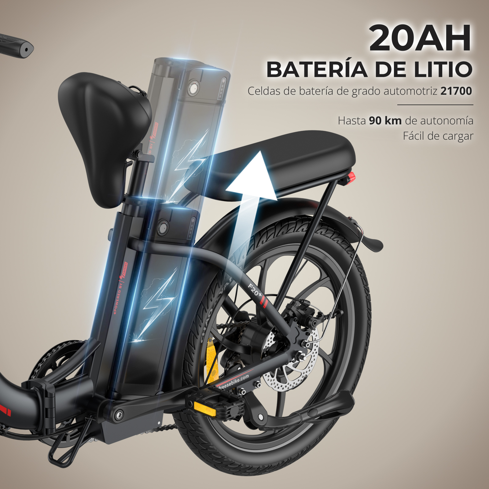 Bicicleta eléctrica con batería, rueda trasera y asiento. Texto indica batería de litio de 20AH y 90km de autonomía.