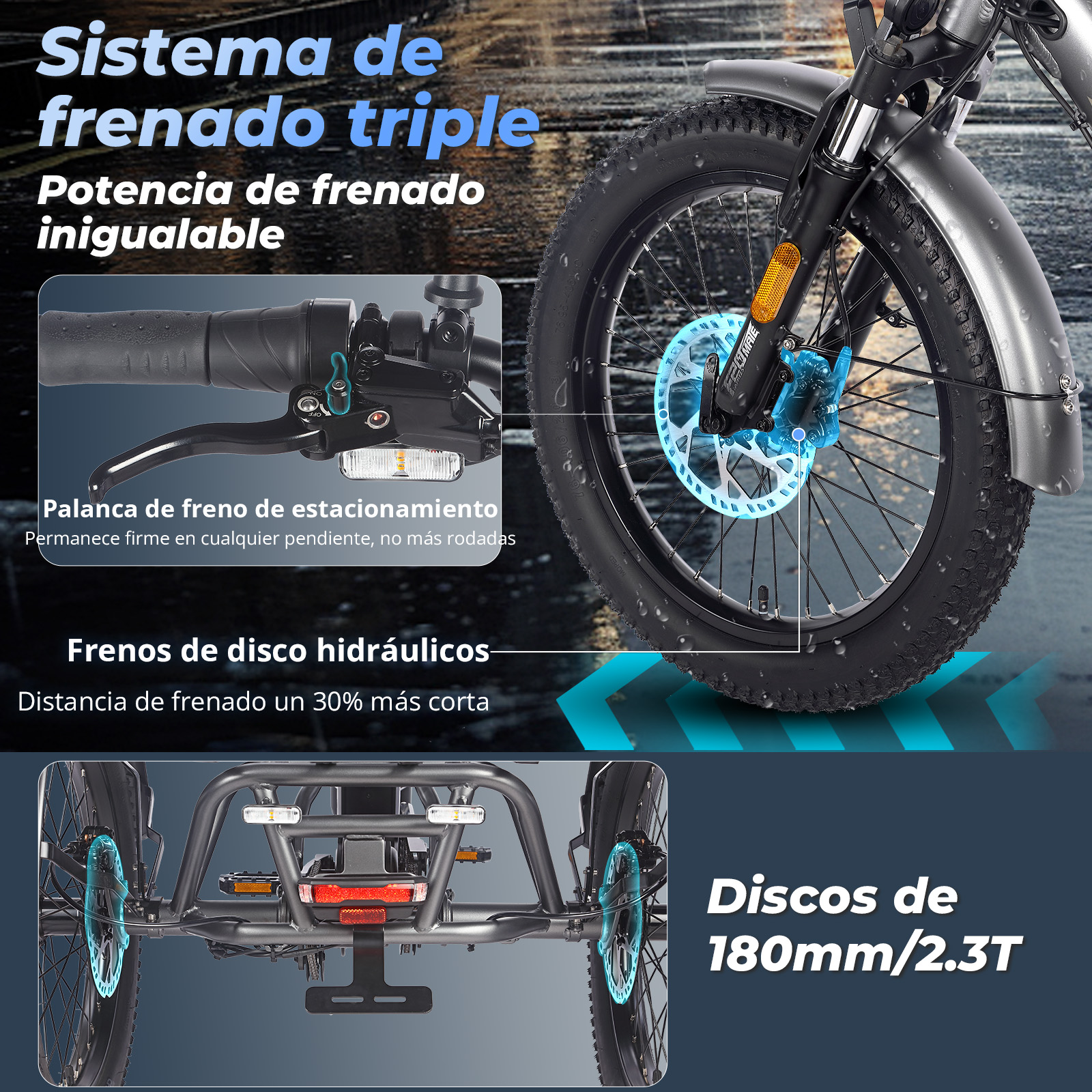 Triciclo elettrico nero con freni a disco blu, che mostra i dettagli delle ruote anteriori e posteriori.