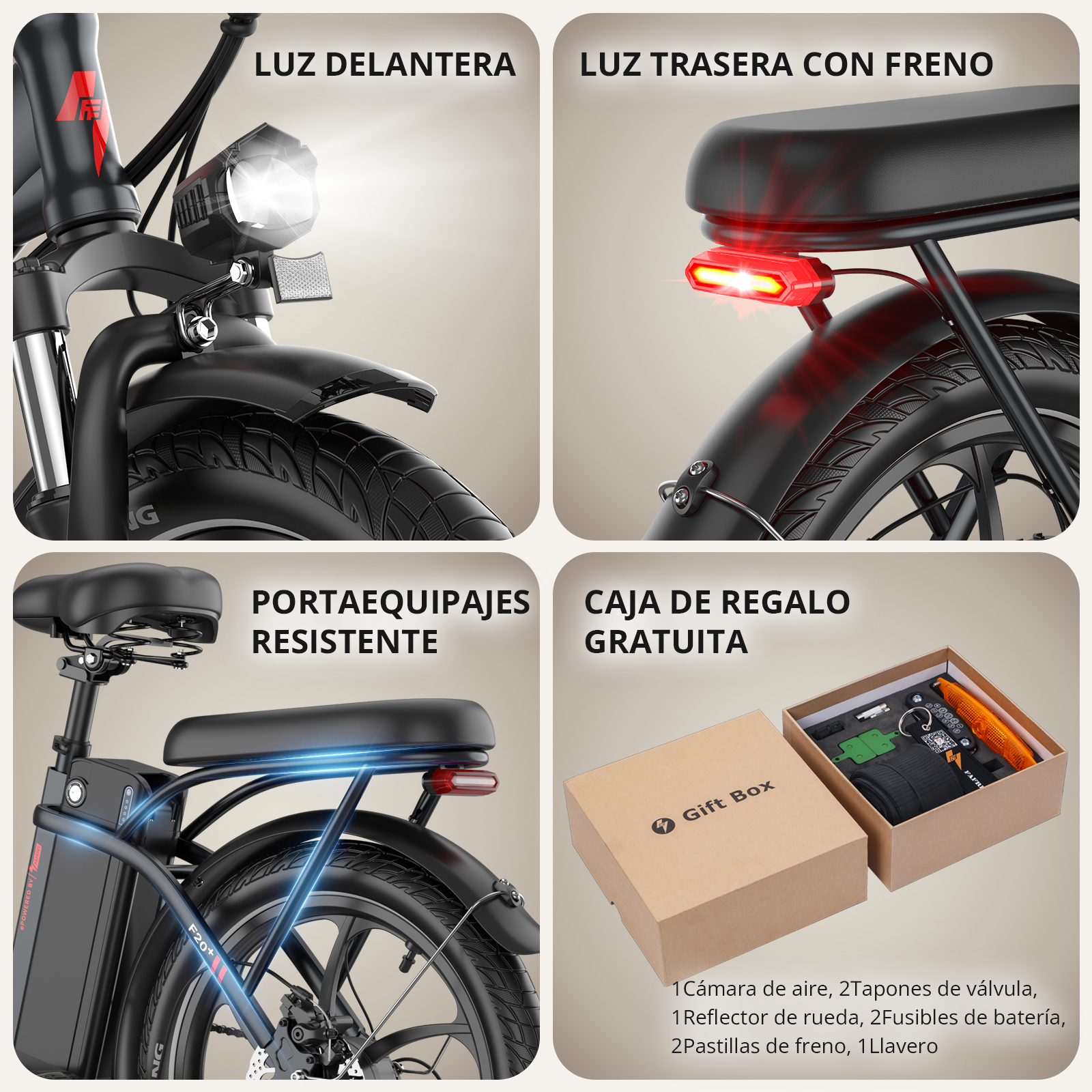 Partes de una bicicleta eléctrica negra con luces delanteras y traseras y una caja de regalo.