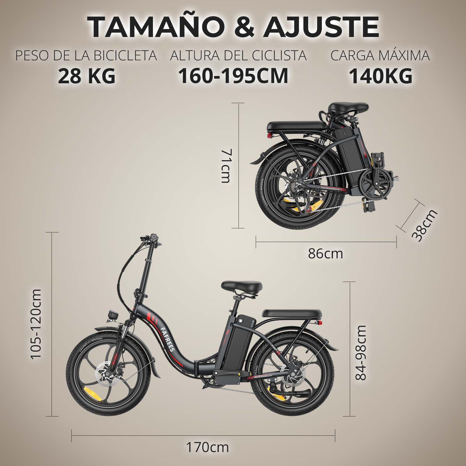 Diagrama de una bicicleta eléctrica con medidas y especificaciones. Fondo blanco.