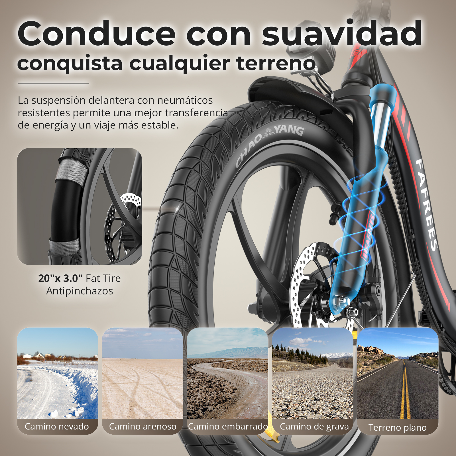 Bicicleta con primer plano detallado de la rueda, neumáticos y opciones de terreno.