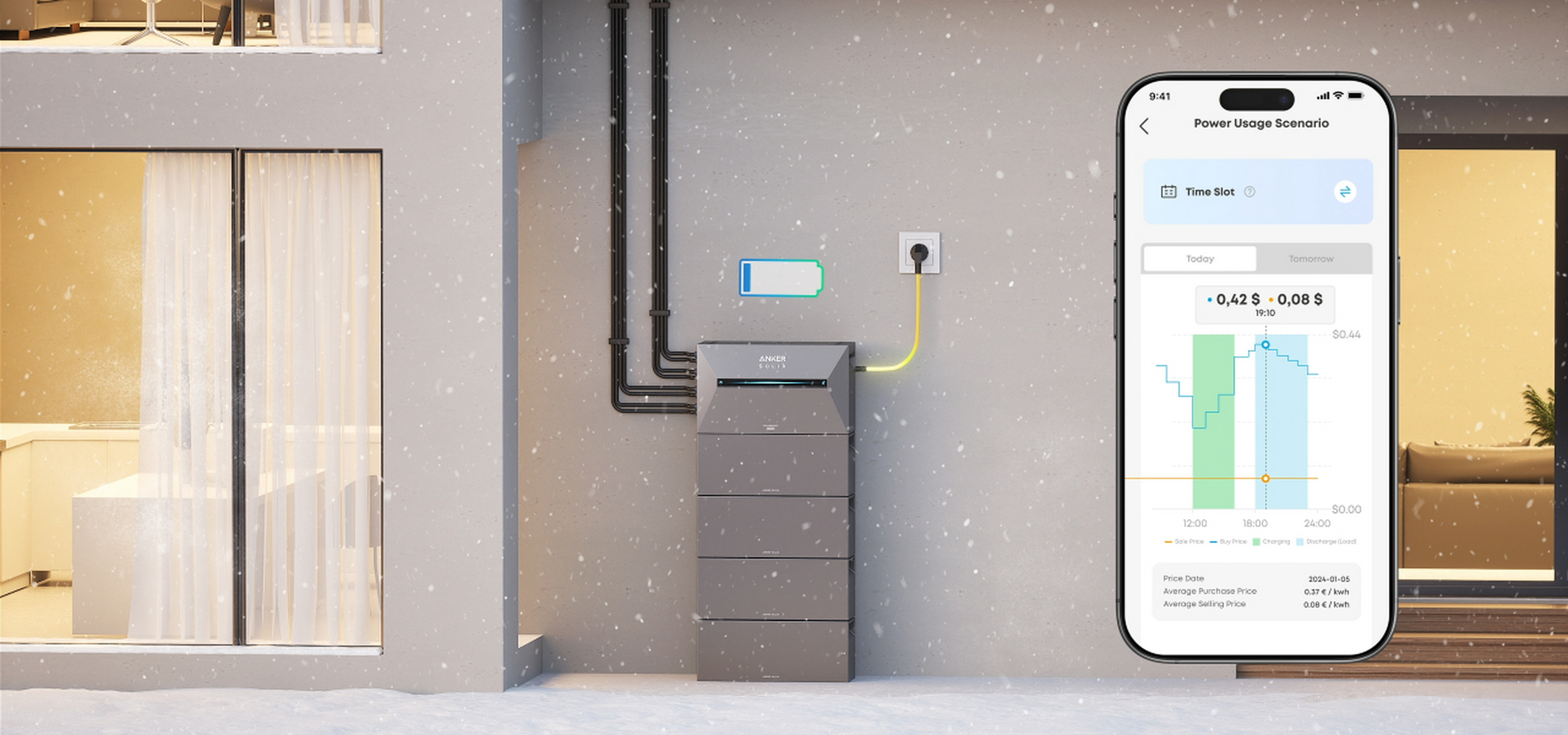 Scena zewnętrzna przedstawiająca nowoczesny dom z inteligentnym systemem energetycznym. Telefon wyświetla dane dotyczące zużycia energii.