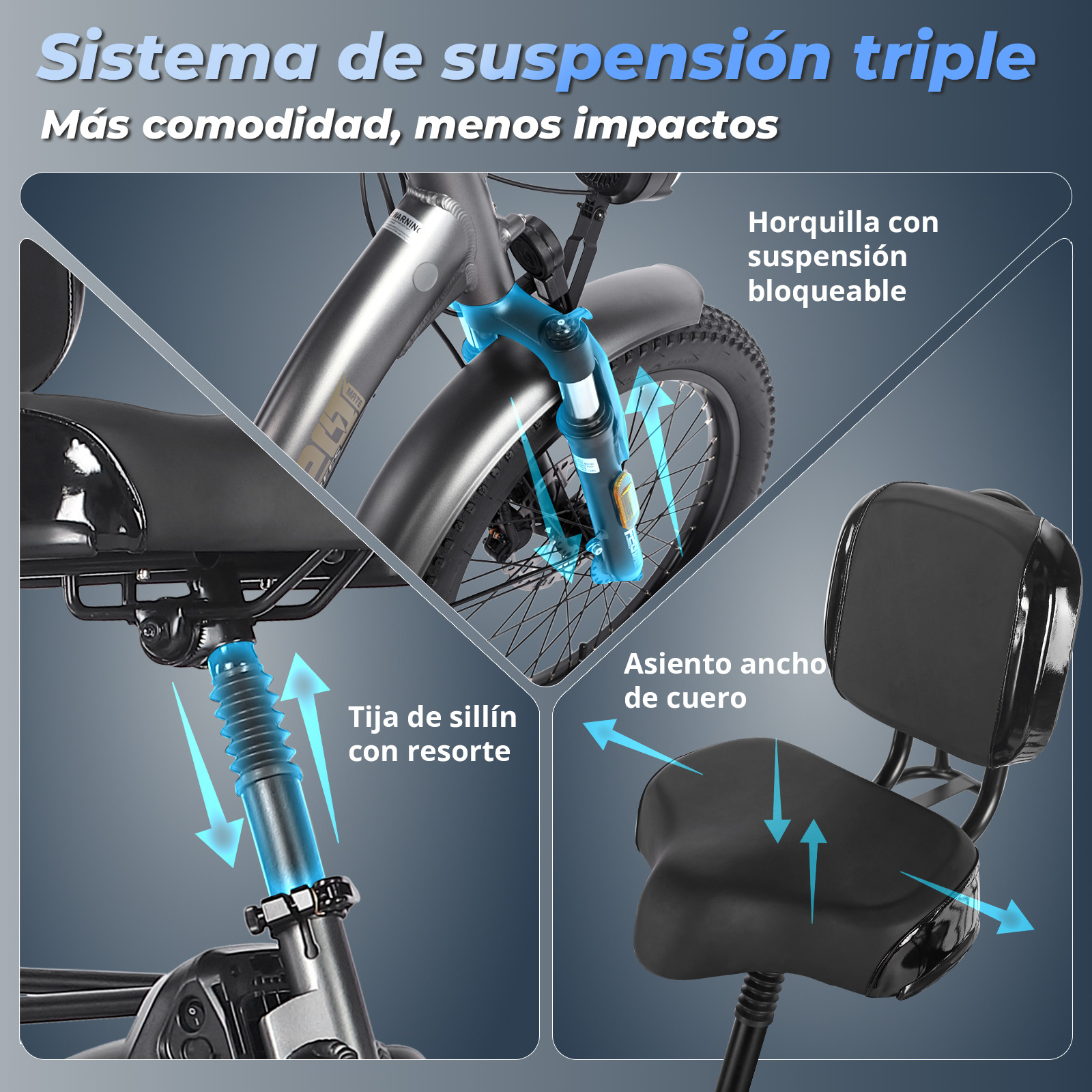 Una bicicletta con dettagli della tripla sospensione evidenziati. Sono mostrati anche il sellino e la forcella anteriore.