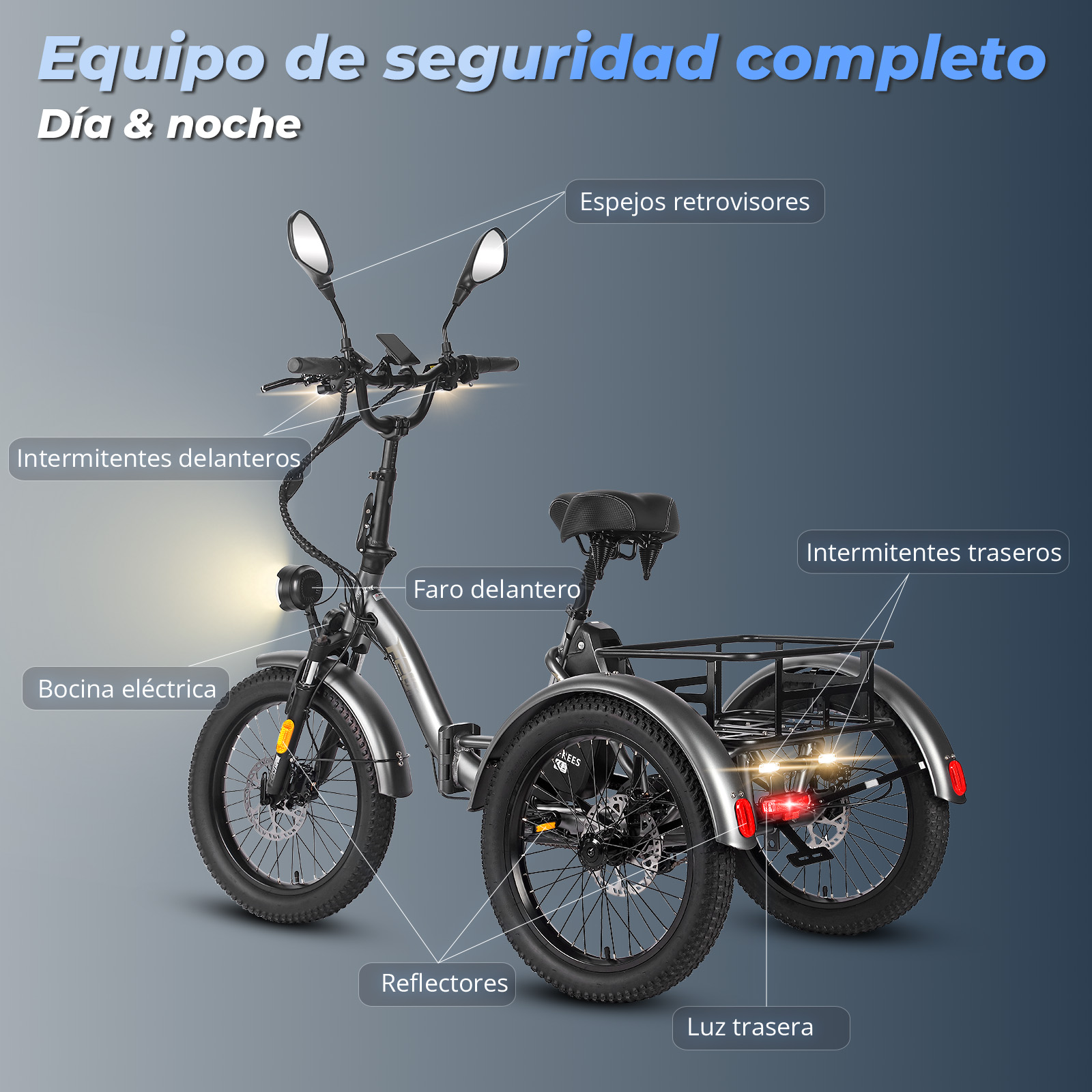 Un triciclo argentato con caratteristiche di sicurezza evidenziate. Include specchietti, luci e indicatori di direzione.