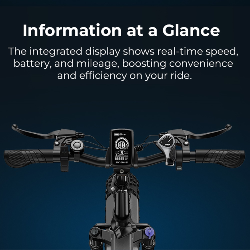 Un manubrio di bicicletta con un display. Mostra velocità, batteria e informazioni sul chilometraggio.
