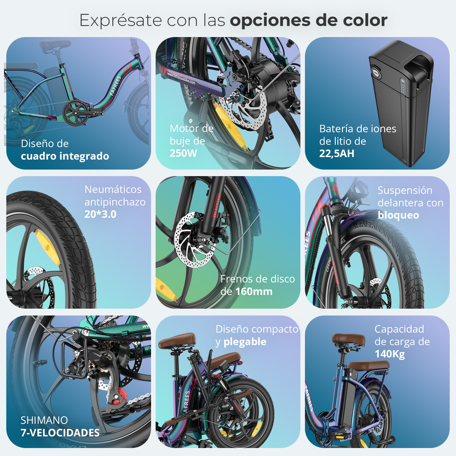 Imágenes que detallan una bicicleta eléctrica, mostrando componentes como batería, frenos y diseño plegable.