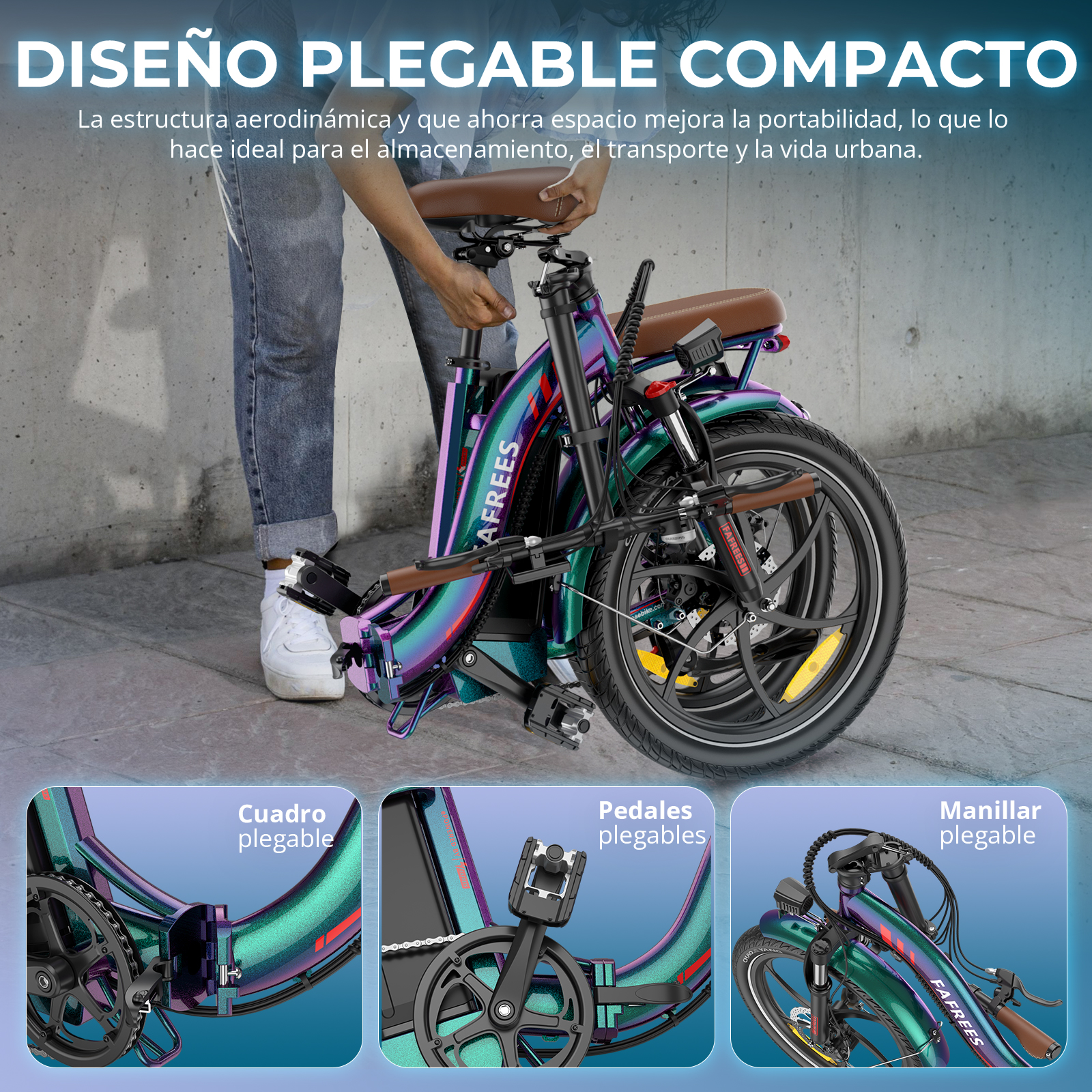 Una persona plegando una bicicleta plegable colorida. Se muestran primeros planos del cuadro plegable, los pedales y el manillar.