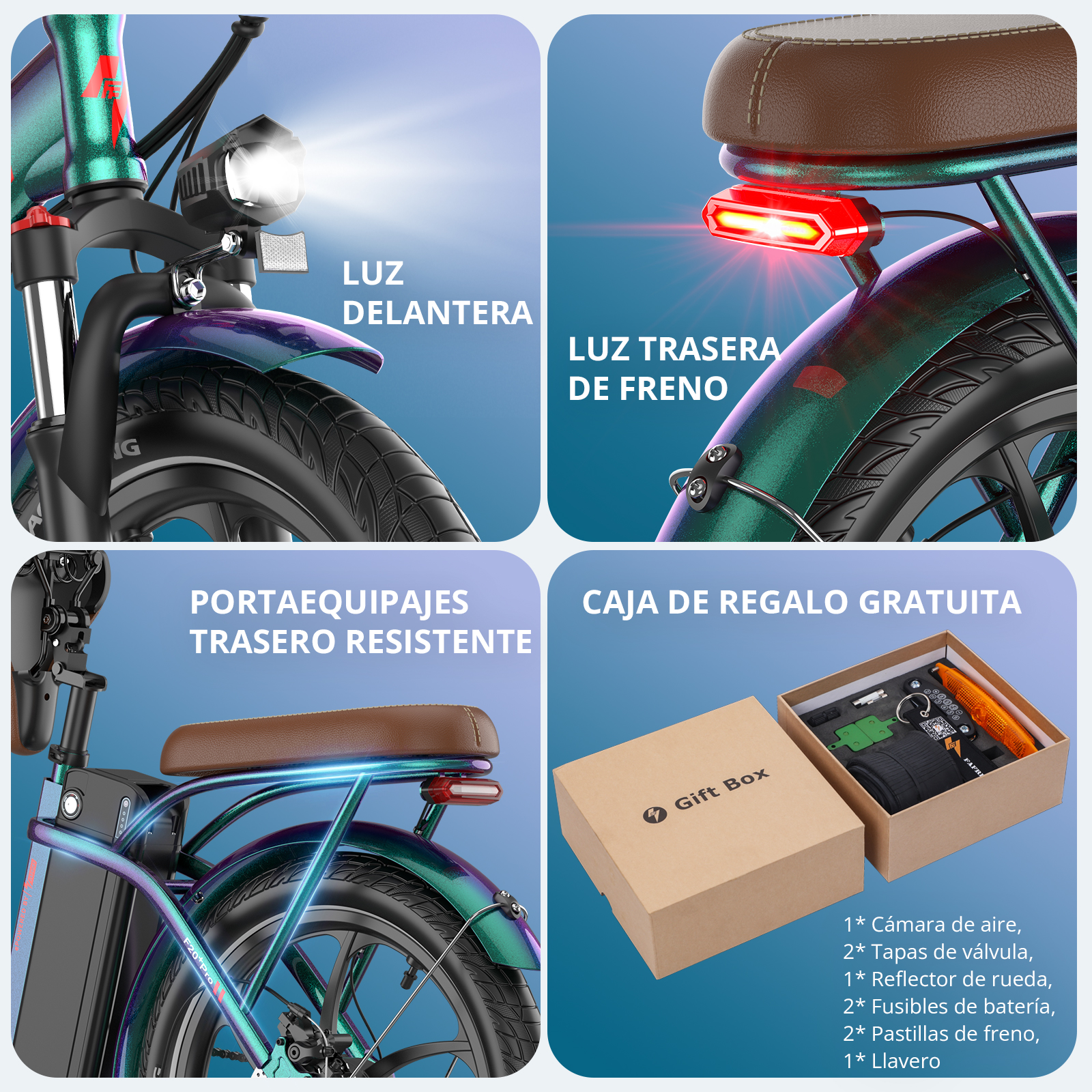 Primer plano de piezas de una bicicleta eléctrica, con etiquetas de texto en español, sobre un fondo blanco.
