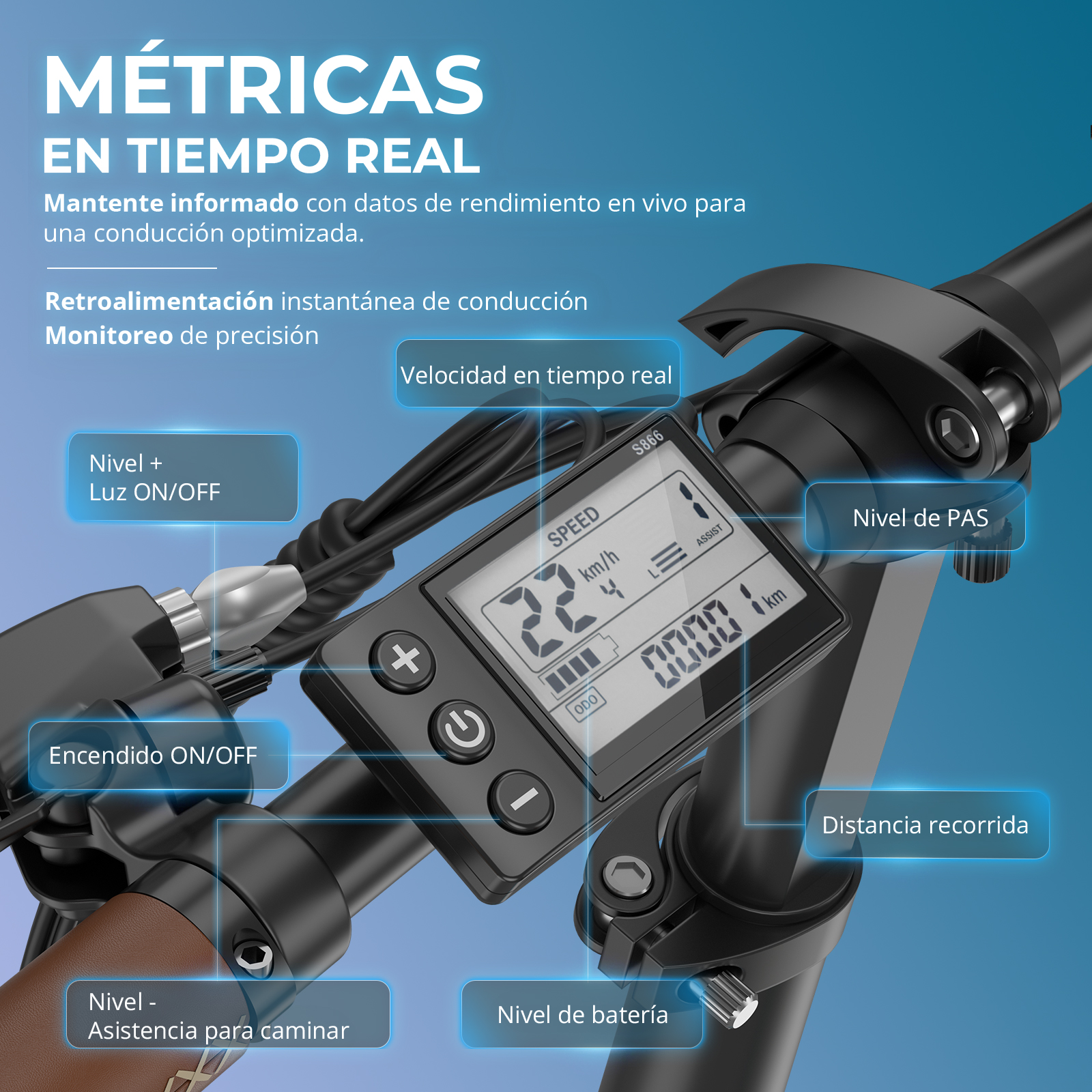 Primer plano de pantalla e-bike mostrando velocidad, batería y controles.