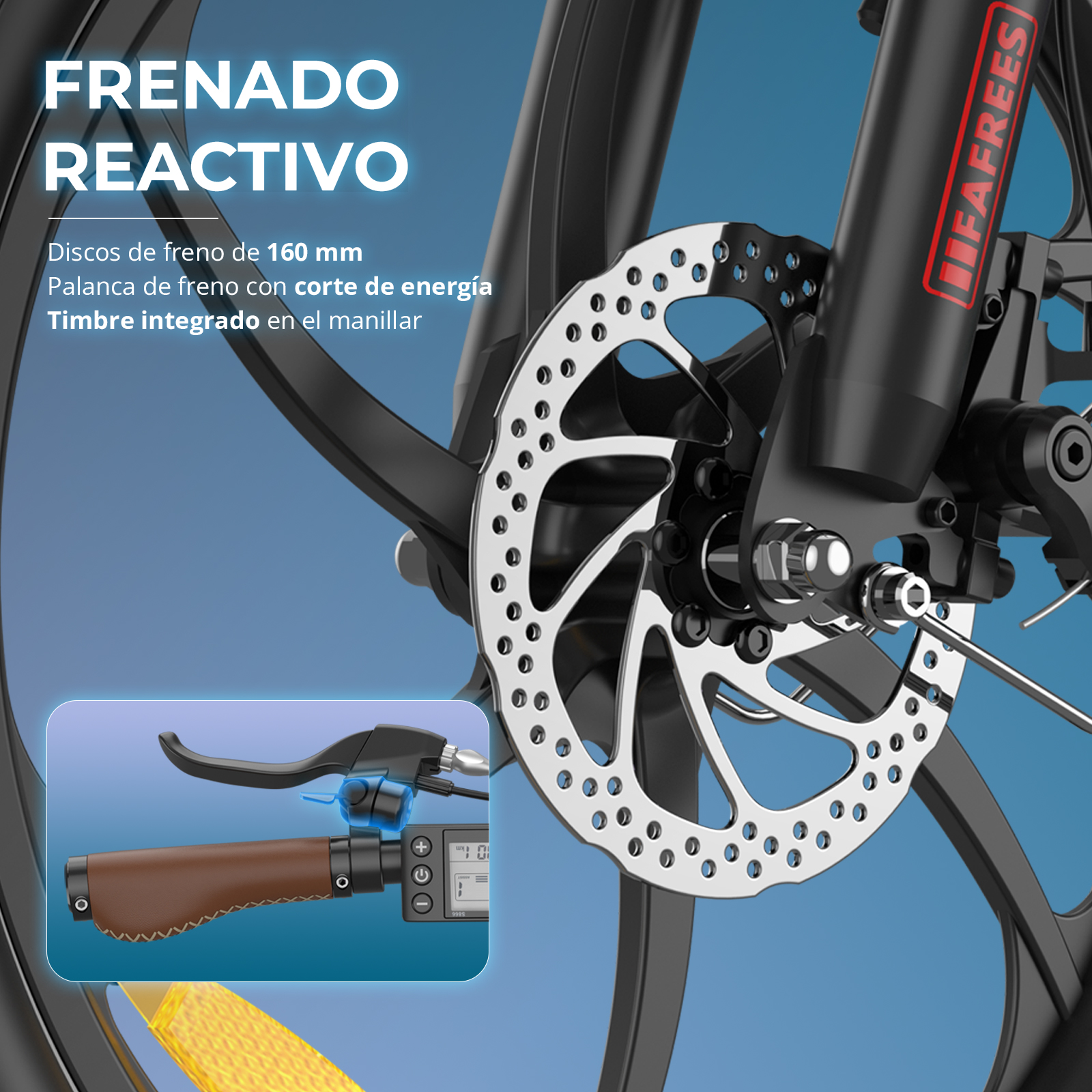 Primer plano de los frenos de disco de una bicicleta eléctrica. La imagen destaca los discos y las palancas de freno.