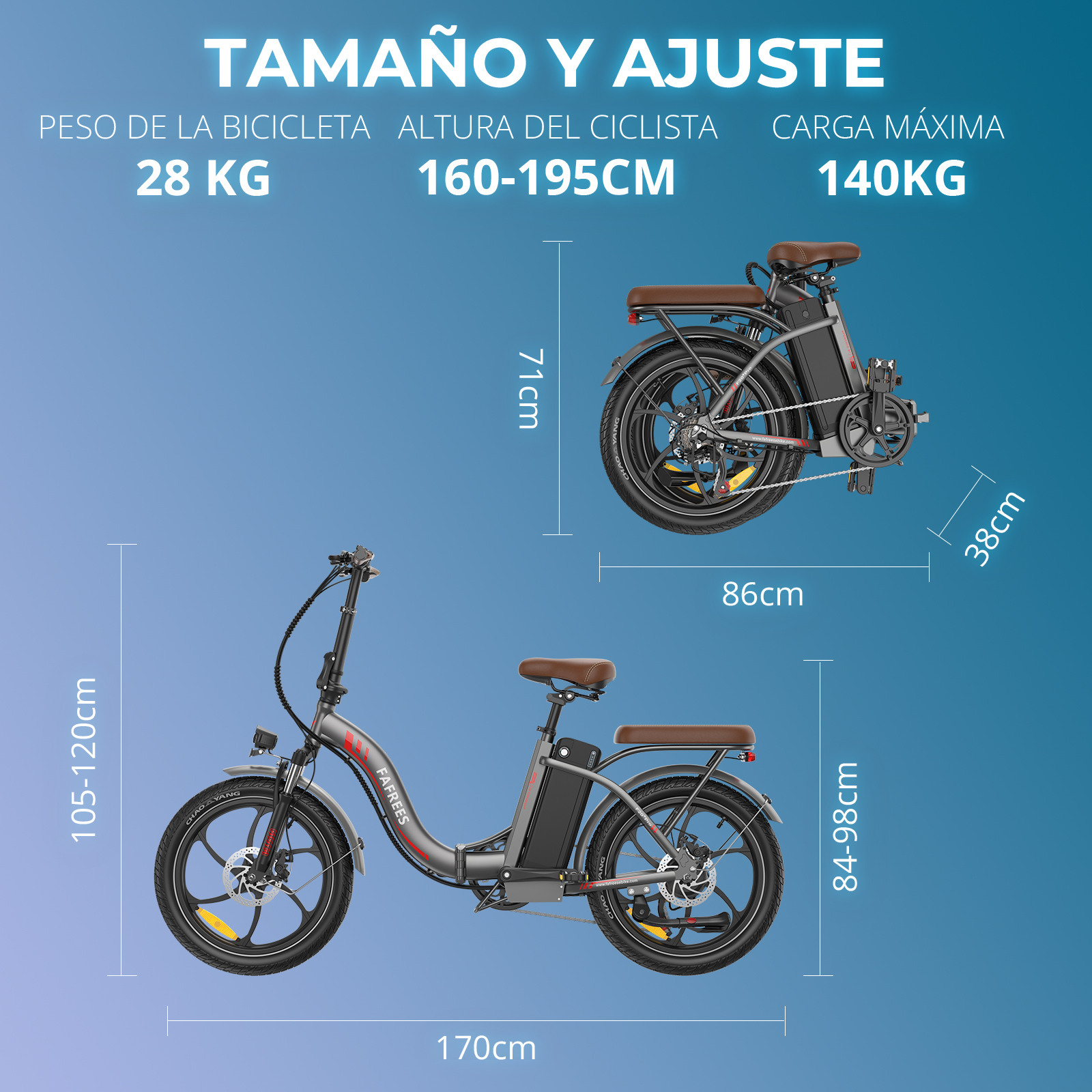 Una bicicleta eléctrica con detalles de tamaño y peso, incluyendo su peso, altura del ciclista y carga máxima.