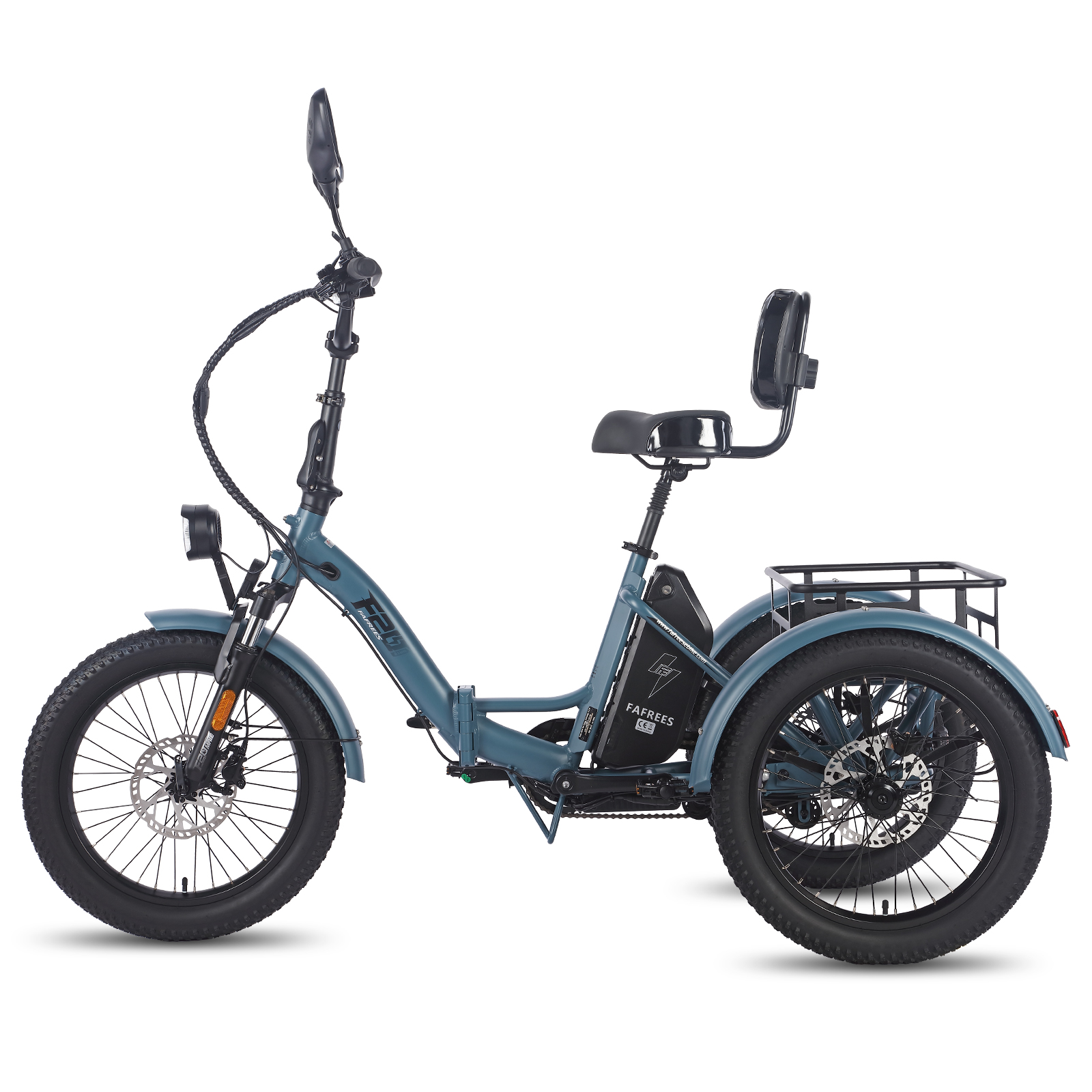 Triciclo elettrico blu con pneumatici e sedile neri, su sfondo bianco.