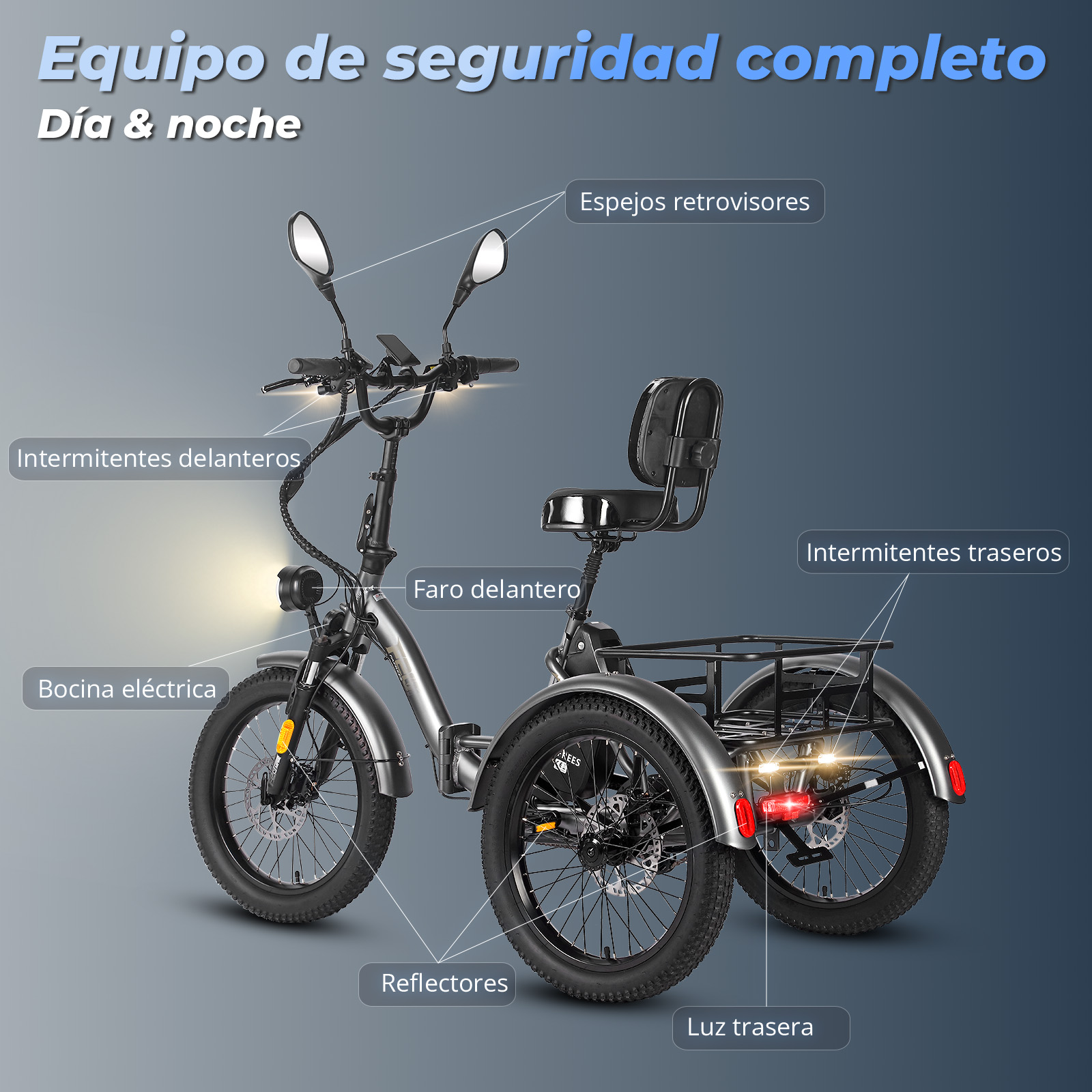 Un triciclo elettrico a tre ruote con luci e specchietti. I testi indicano le caratteristiche di sicurezza e i componenti.