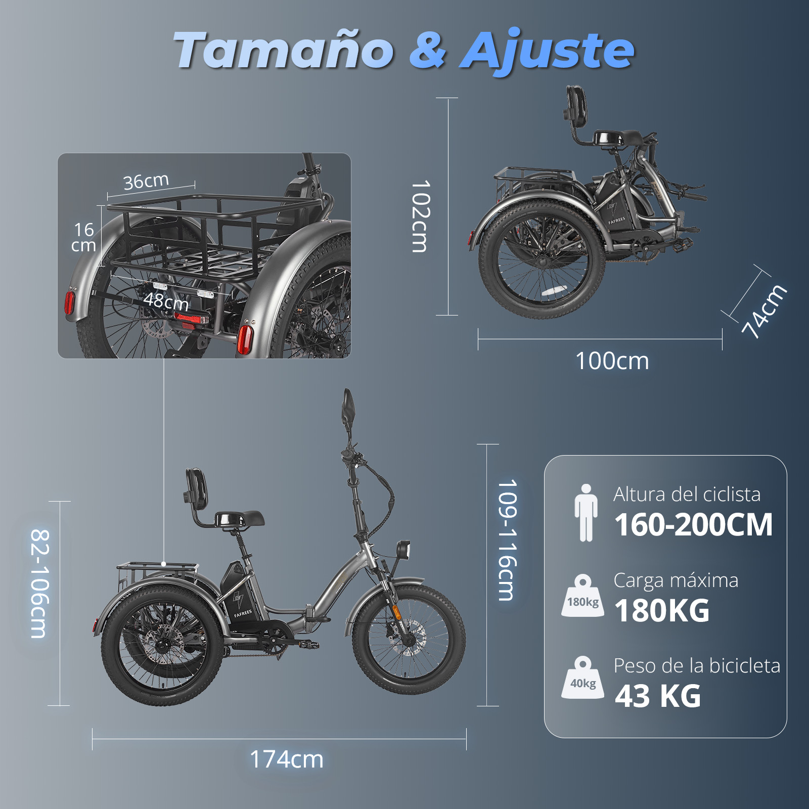 Diagramma di un triciclo elettrico grigio con dimensioni e misure.