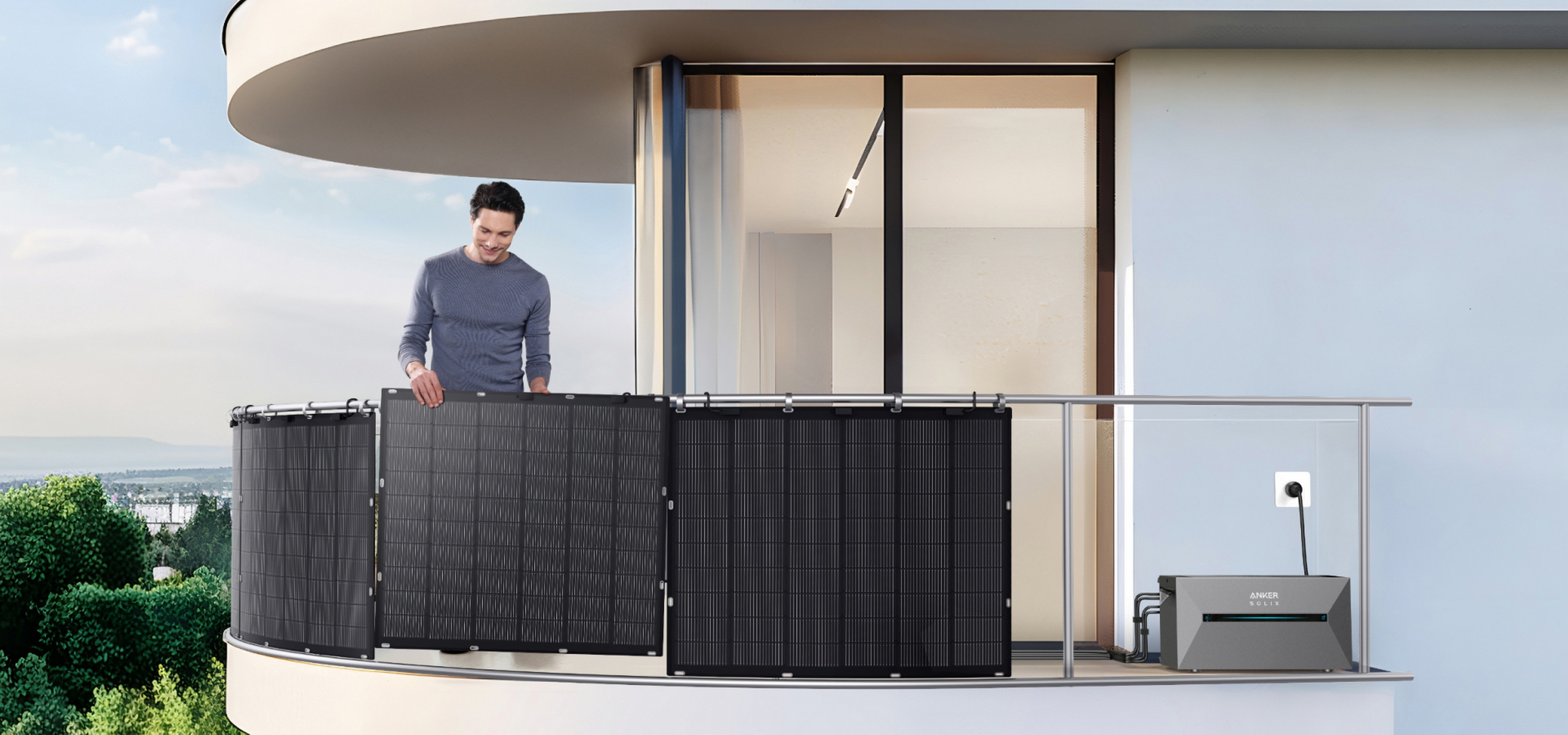 Mężczyzna na balkonie instalujący czarne ekrany prywatności.