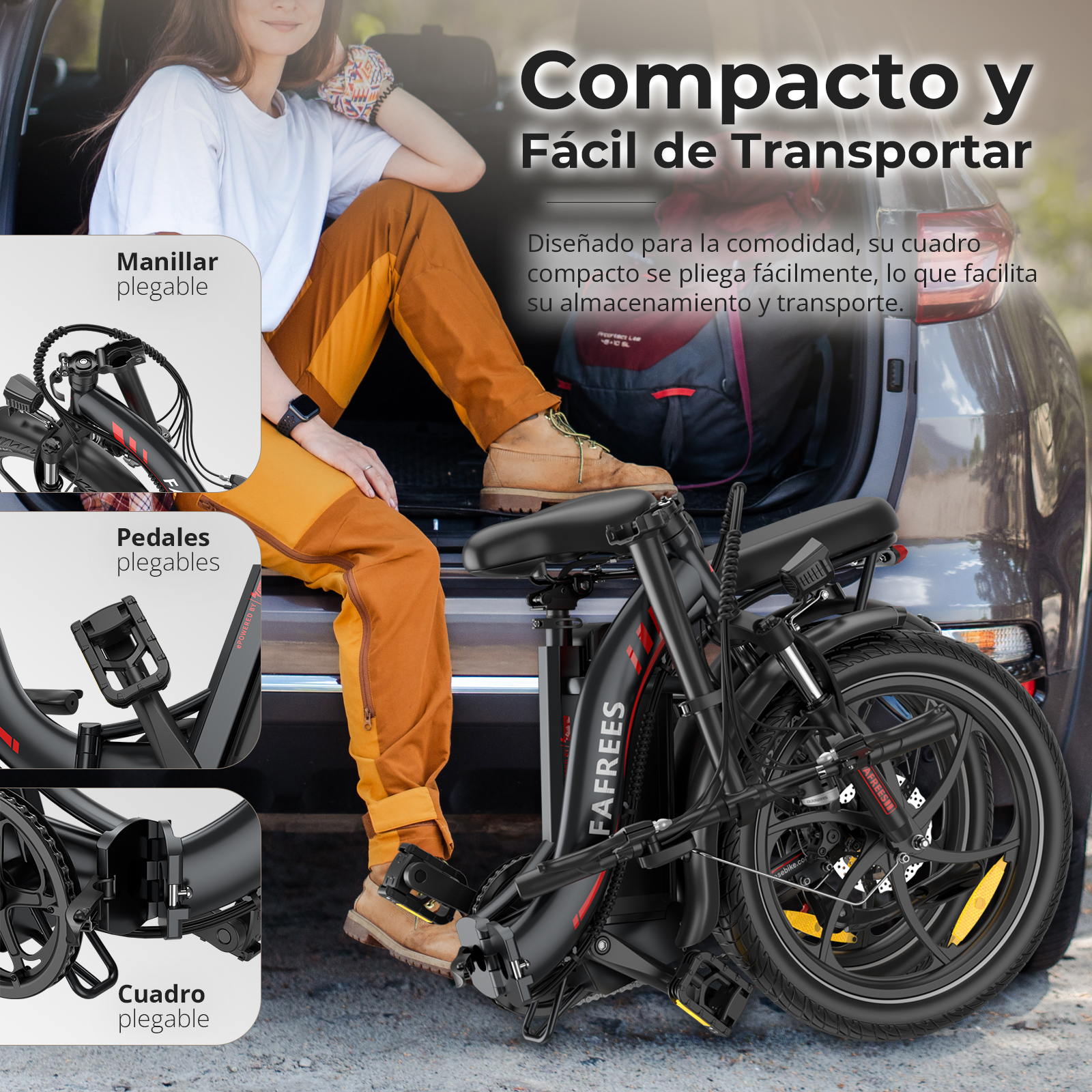 Una persona se sienta cerca de una bicicleta eléctrica negra y roja plegada. El texto dice que es compacto y fácil de transportar.