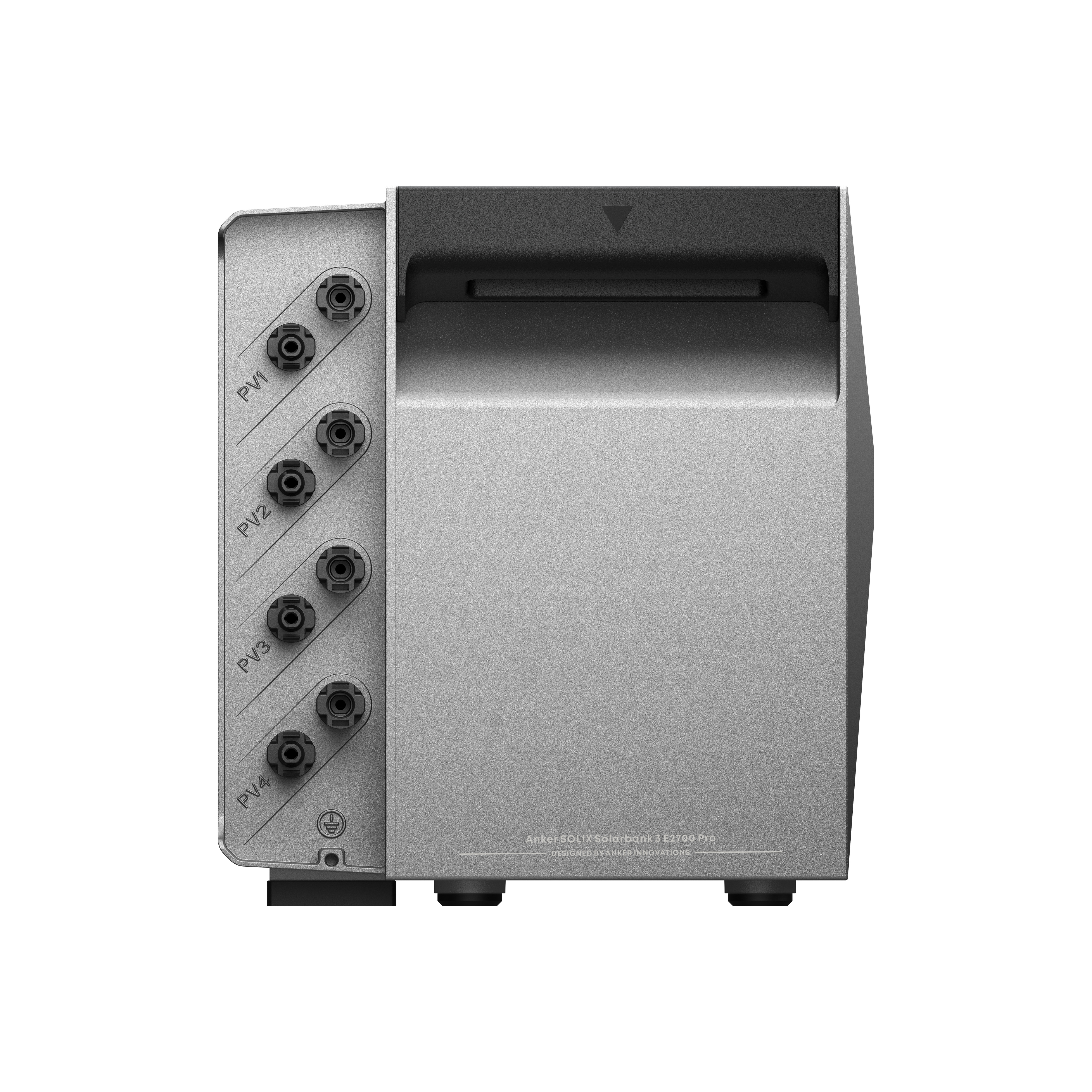 Szare urządzenie w kształcie pudełka z portami i tekstem: Anker SOLIX Solarbank 3 E3700 Pro, zaprojektowane przez Anker Innovations.