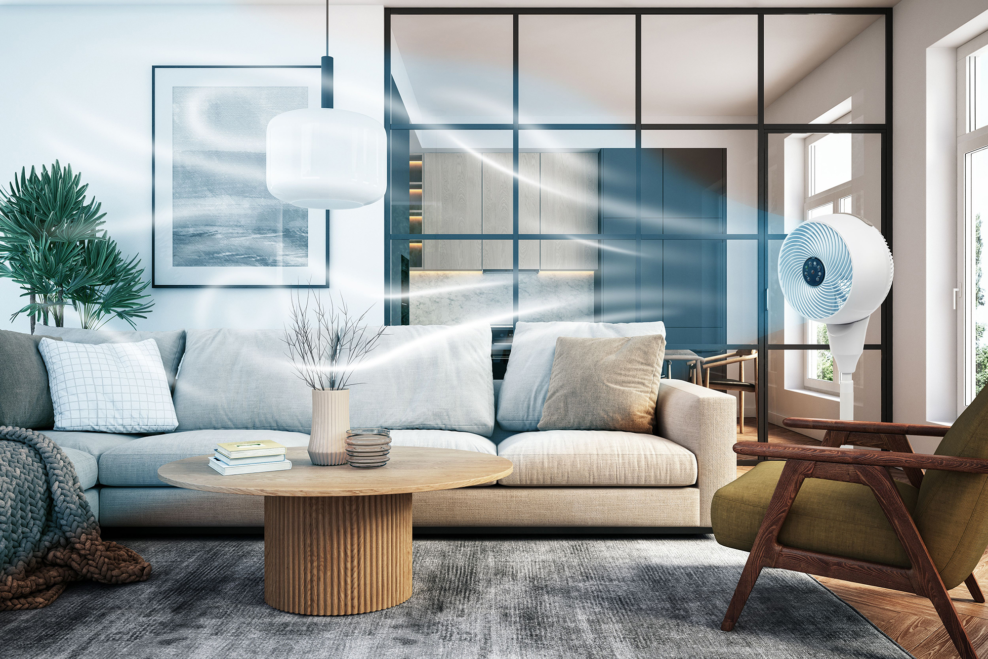 Salon z wentylatorem dmuchającym powietrze, kanapą, stolikiem kawowym i obrazem na ścianie.