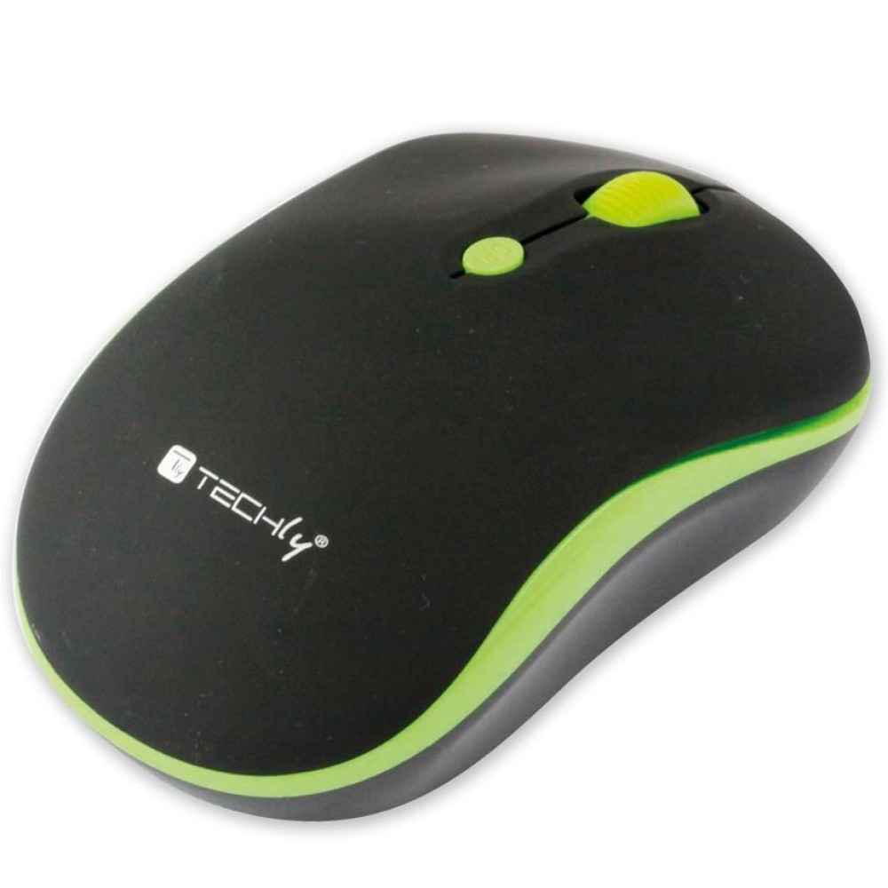 Mouse wireless nero e verde con rotella e logo.