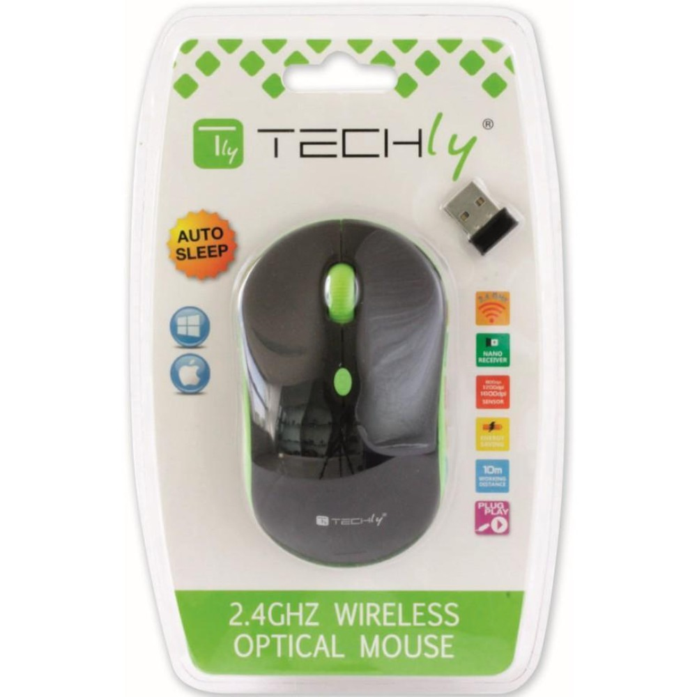 Mouse nella confezione, design nero e verde, con ricevitore USB.