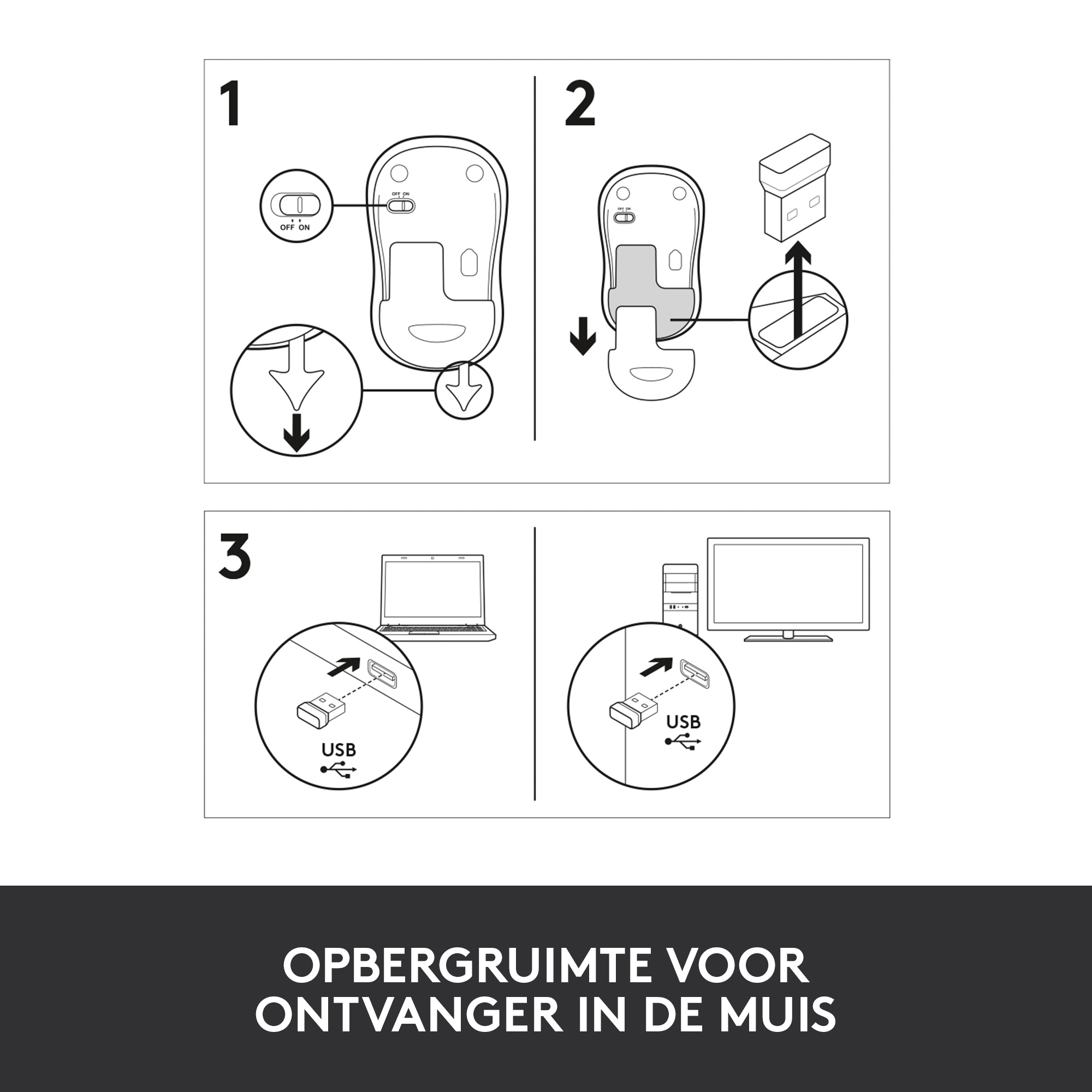 Istruzioni per il mouse: Interruttore on/off, vano batteria e alloggiamento ricevitore USB.